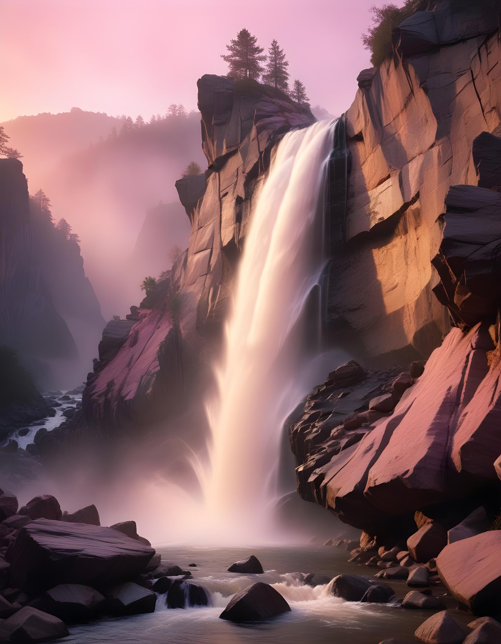 Majestic Waterfall Landscape with Lush Forest and Crystal Clear Water