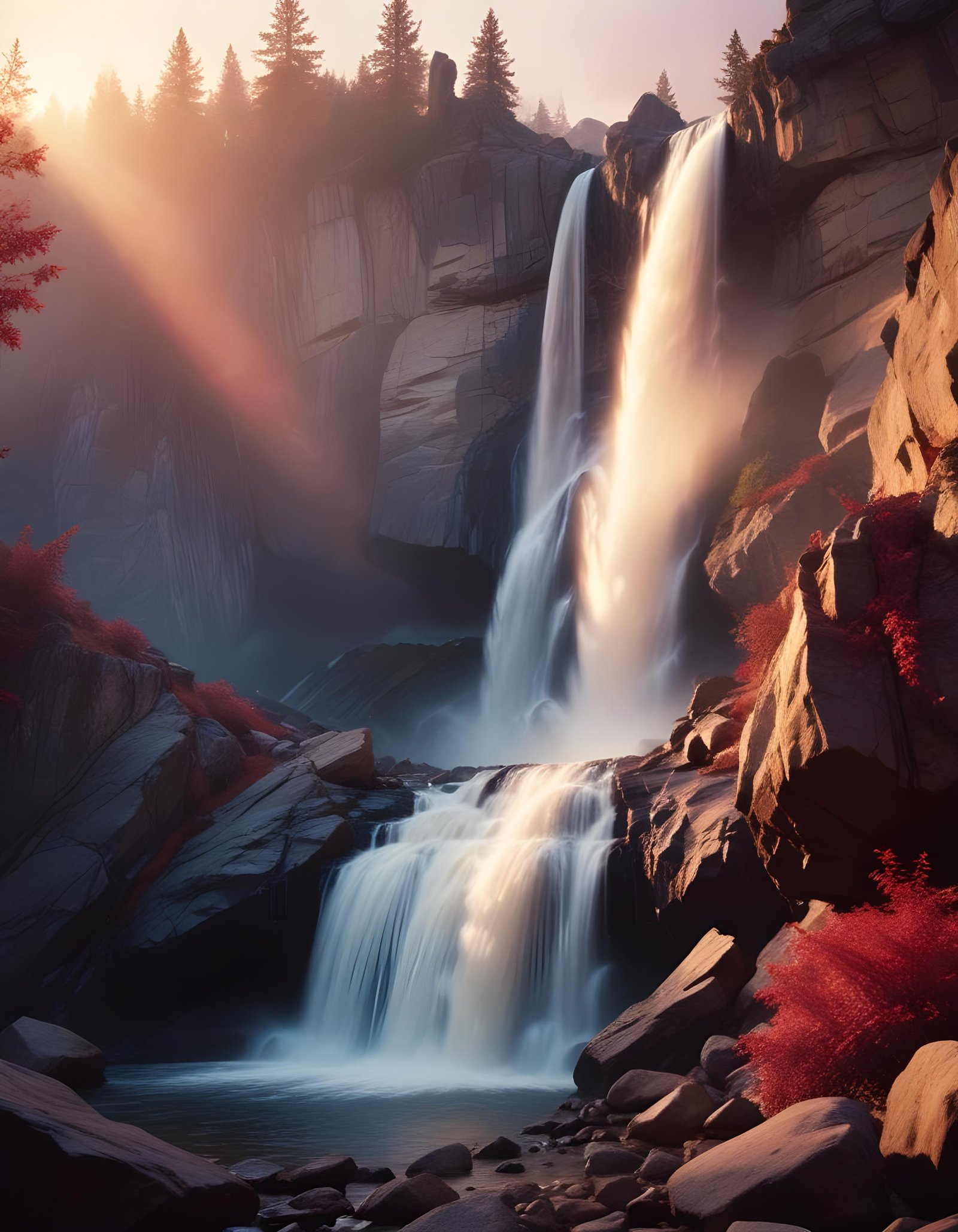 Majestic Waterfall Landscape with Lush Forest and Crystal Clear Water