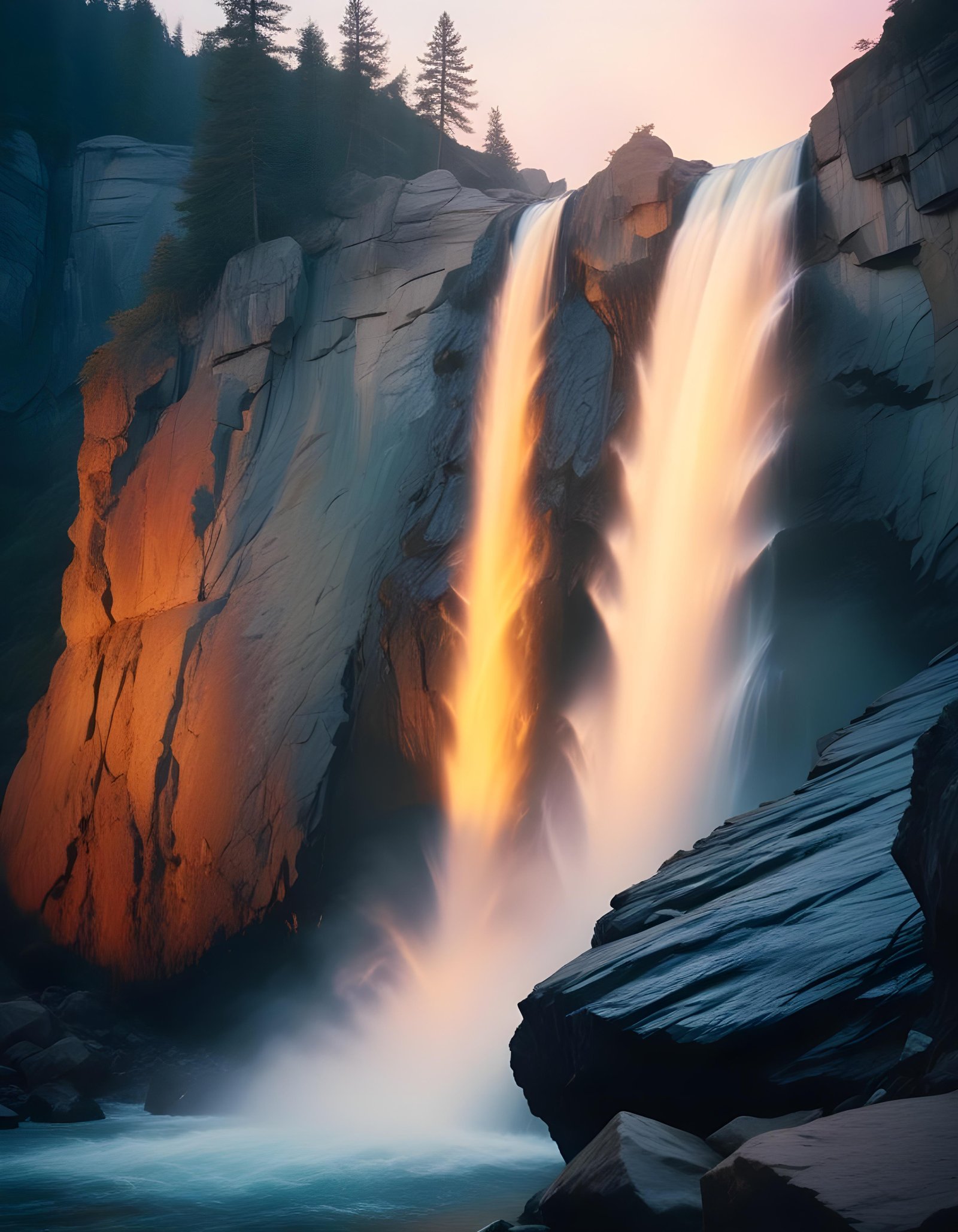 Majestic Waterfall Landscape with Lush Forest and Crystal Clear Water