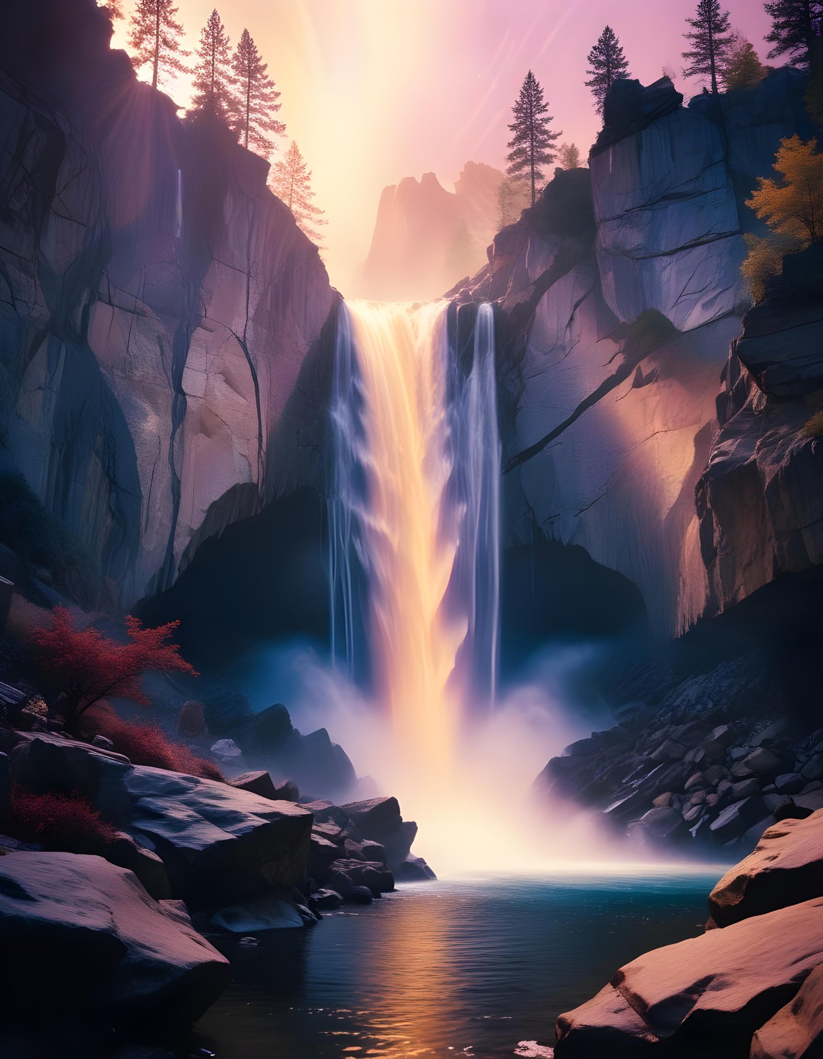 Majestic Waterfall Landscape with Lush Forest and Crystal Clear Water