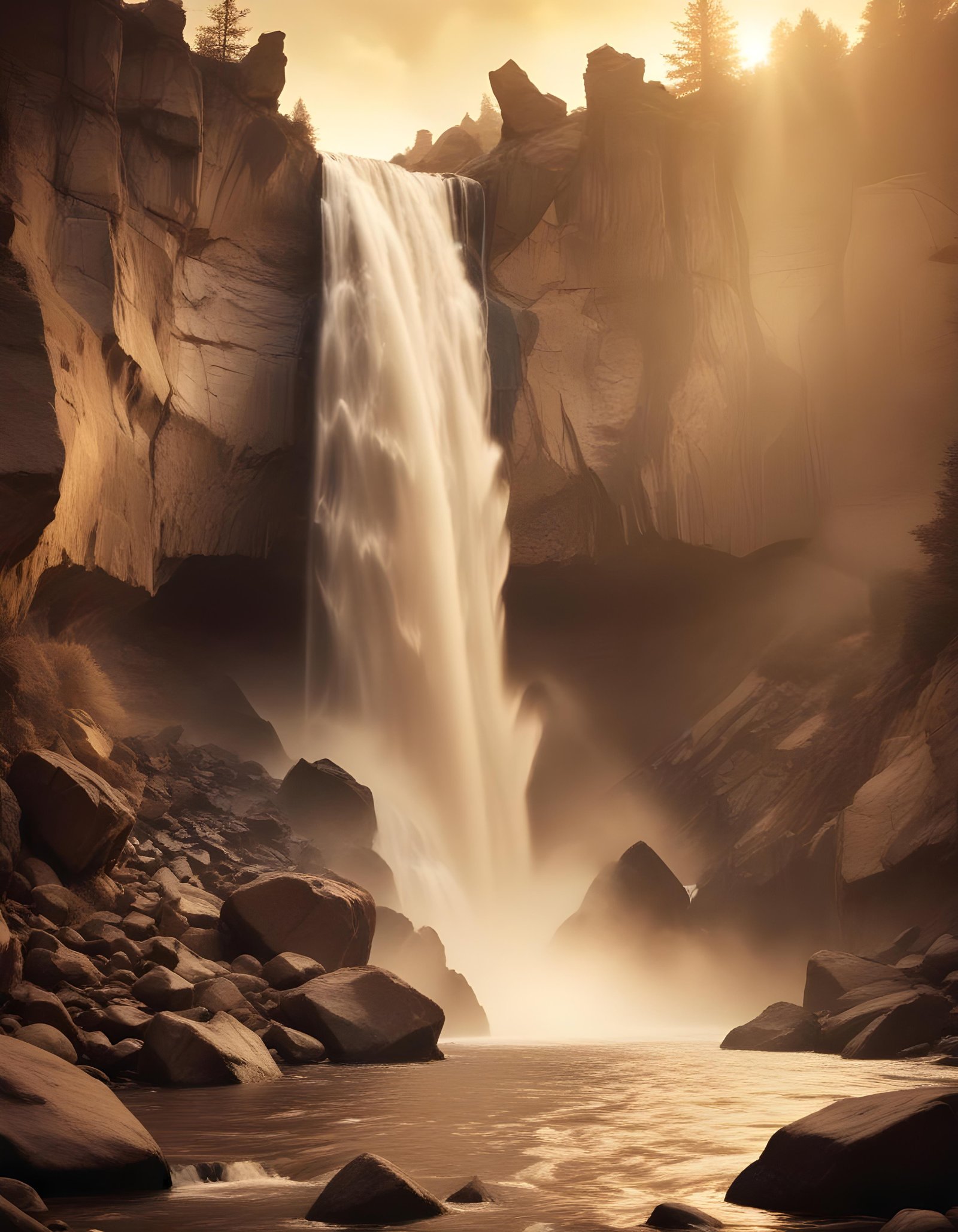 Majestic Waterfall Landscape with Lush Forest and Crystal Clear Water