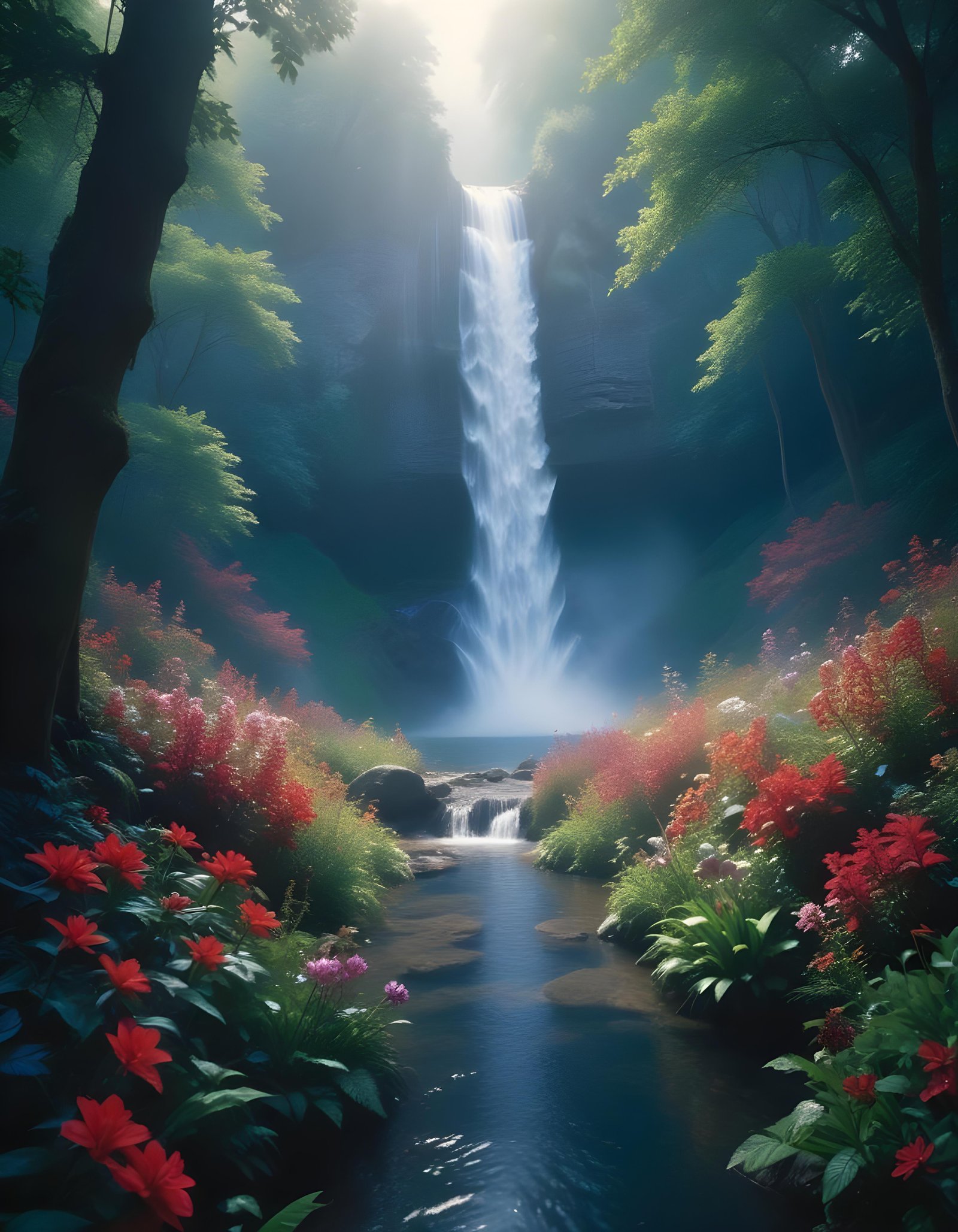 Majestic Waterfall Landscape with Lush Forest and Crystal Clear Water