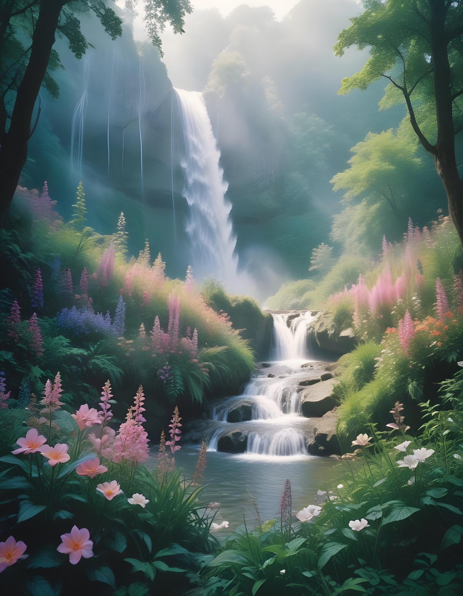 Majestic Waterfall Landscape with Lush Forest and Crystal Clear Water