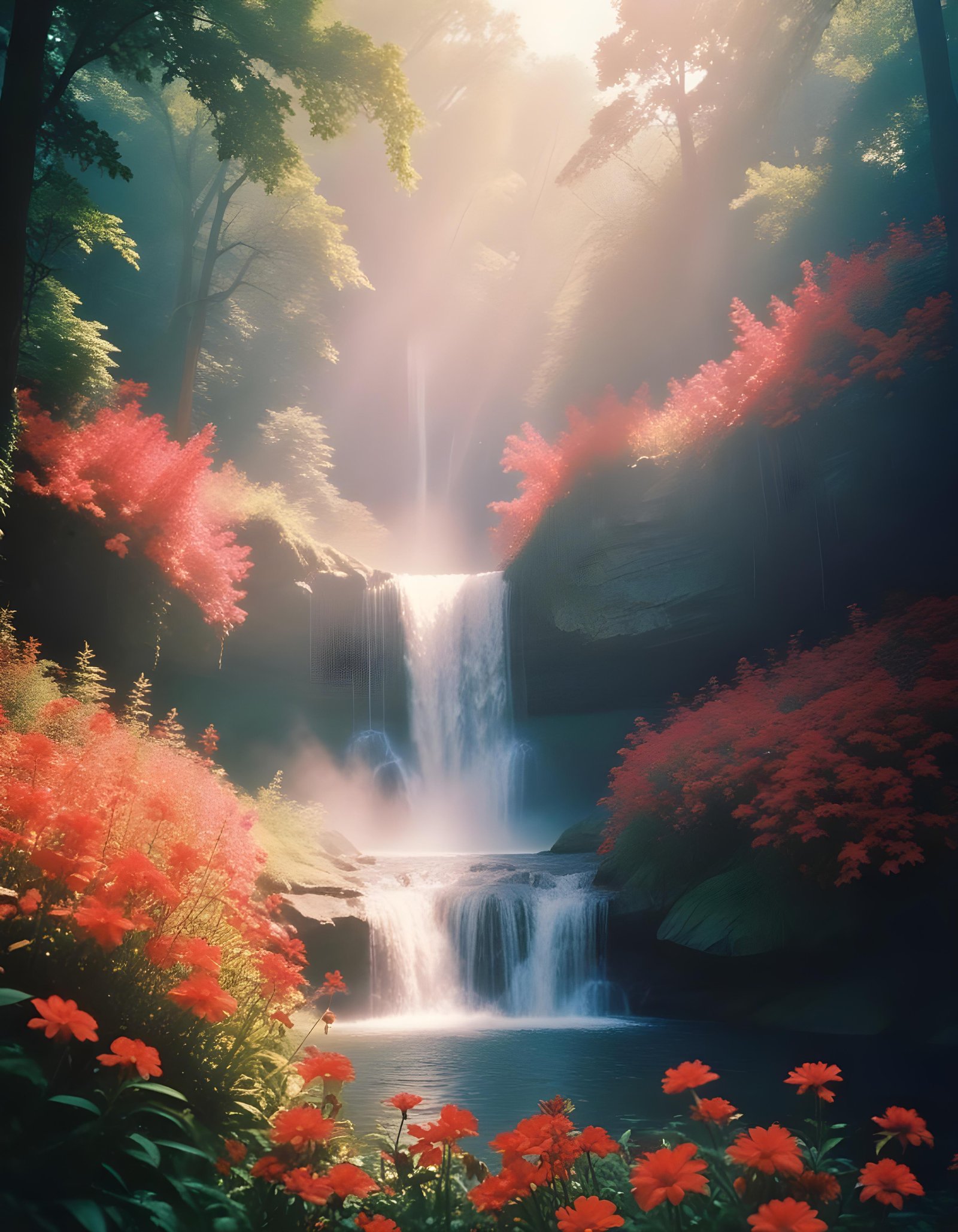 Majestic Waterfall Landscape with Lush Forest and Crystal Clear Water