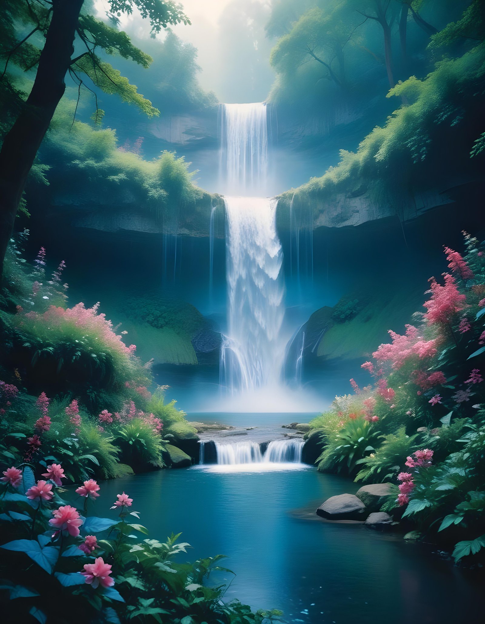 Majestic Waterfall Landscape with Lush Forest and Crystal Clear Water