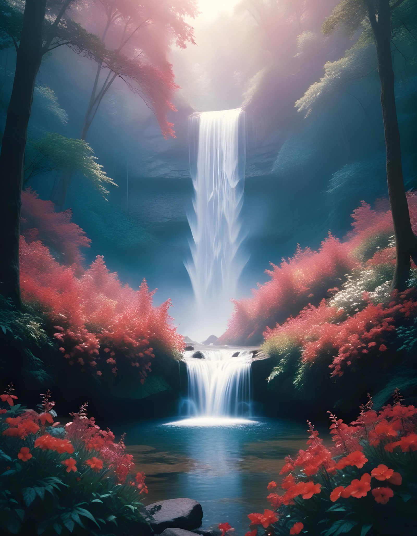 Majestic Waterfall Landscape with Lush Forest and Crystal Clear Water