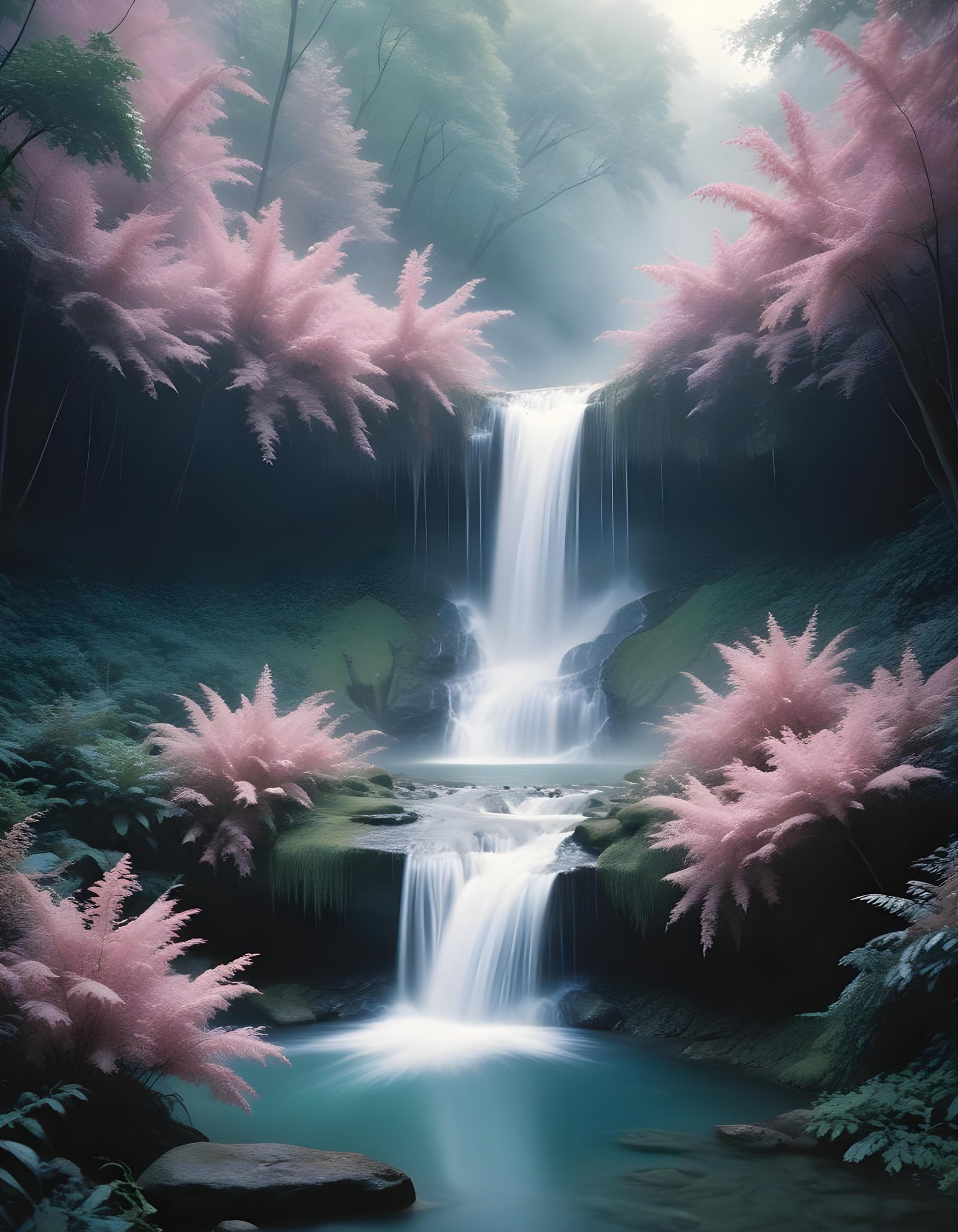 Majestic Waterfall Landscape with Lush Forest and Crystal Clear Water