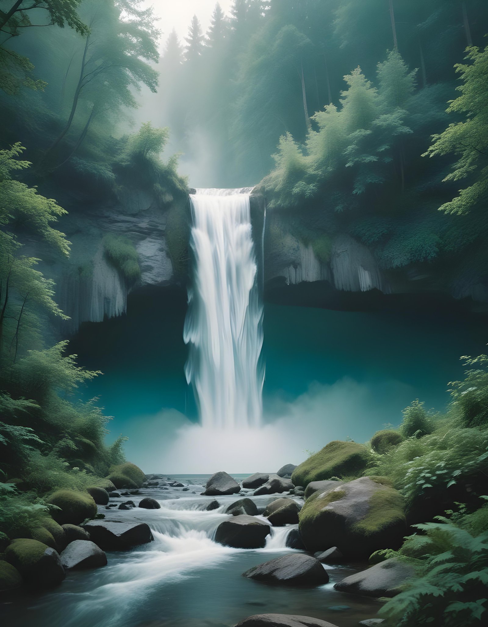 Majestic Waterfall Landscape with Lush Forest and Crystal Clear Water