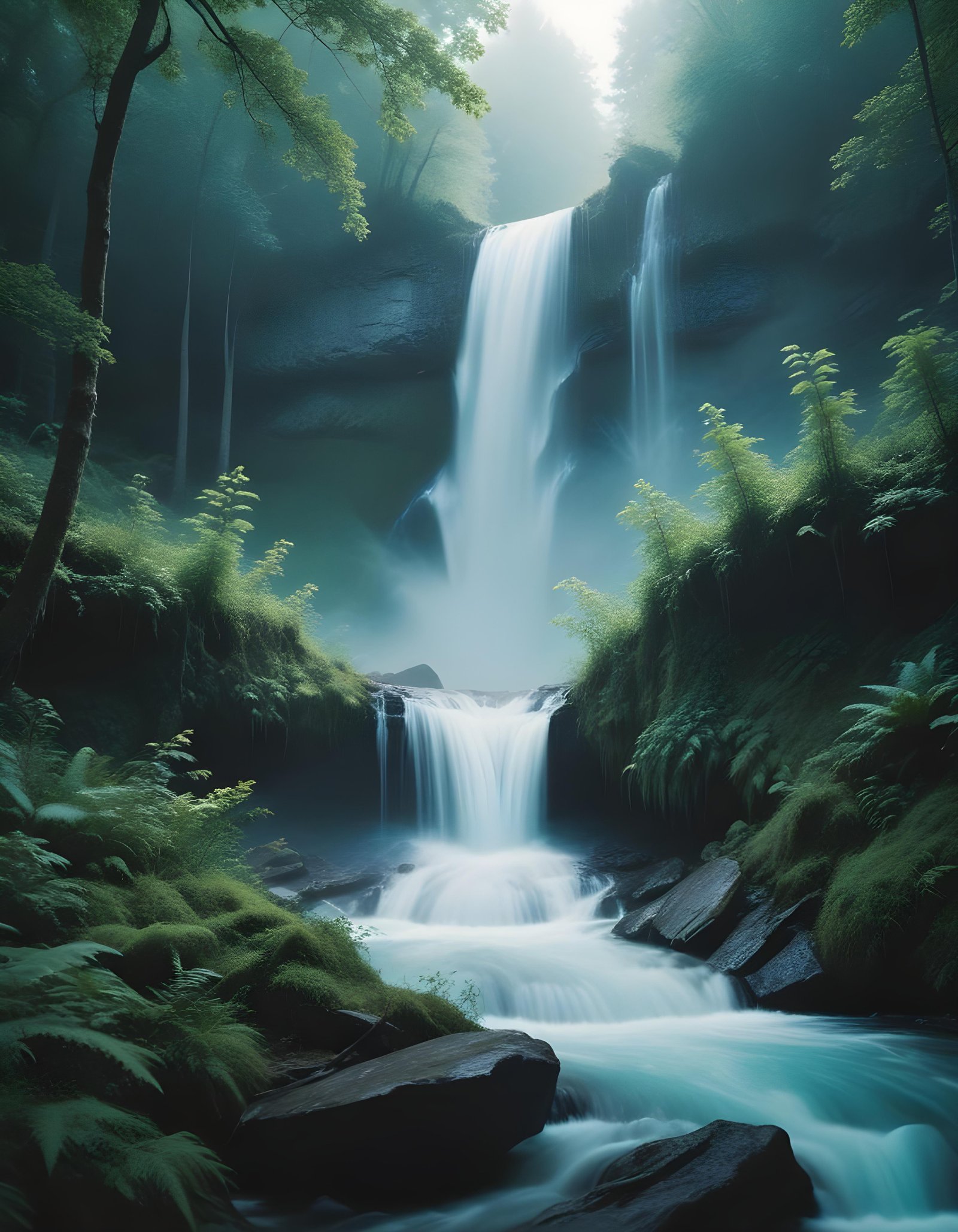 Majestic Waterfall Landscape with Lush Forest and Crystal Clear Water