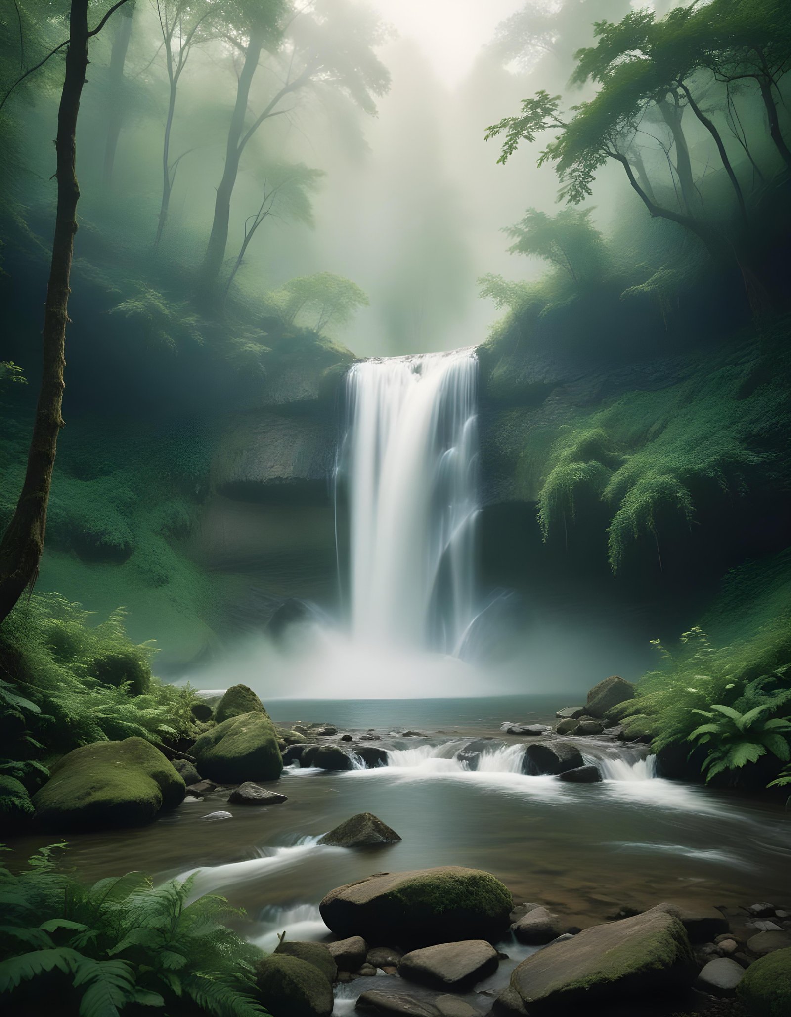 Majestic Waterfall Landscape with Lush Forest and Crystal Clear Water
