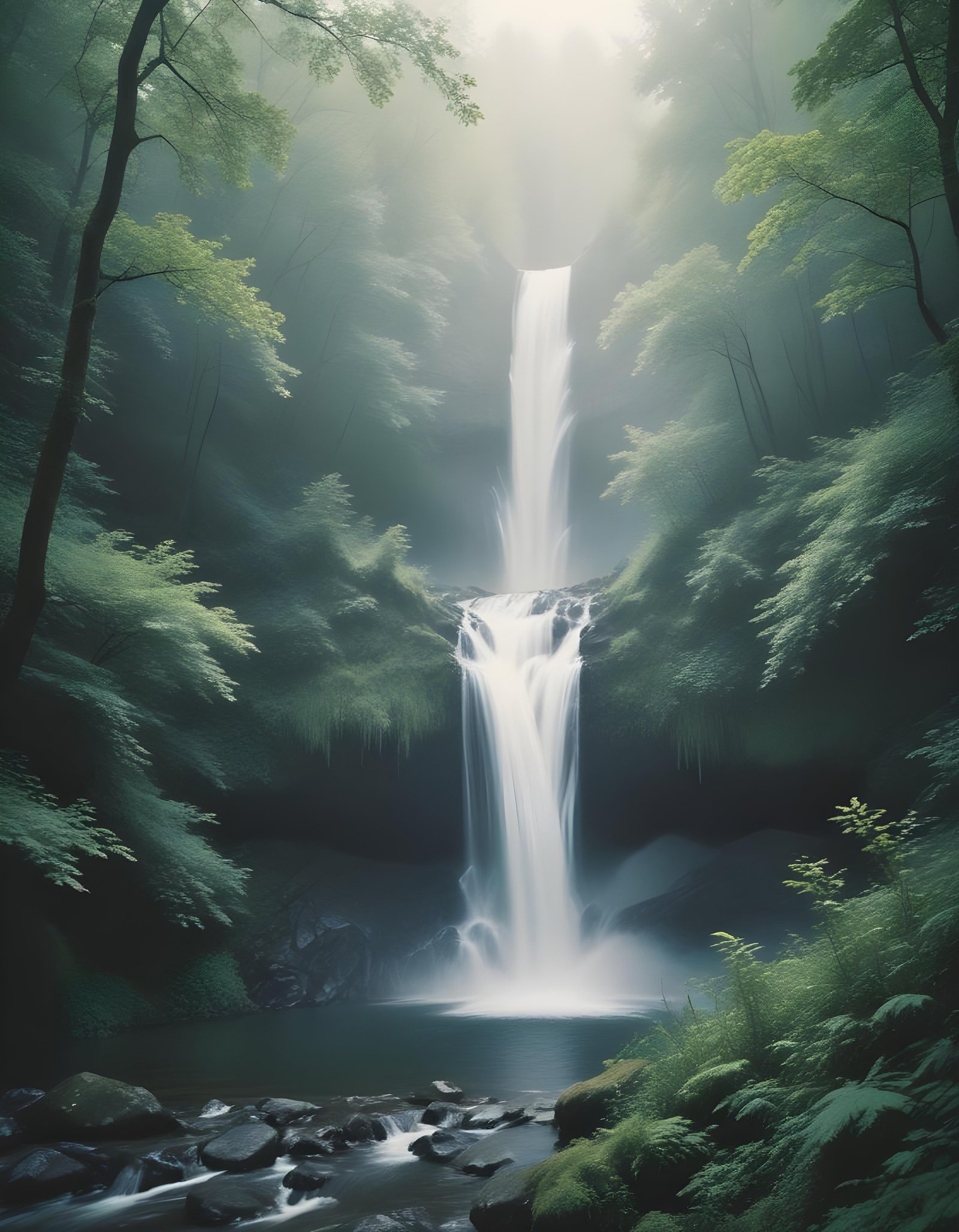 Majestic Waterfall Landscape with Lush Forest and Crystal Clear Water