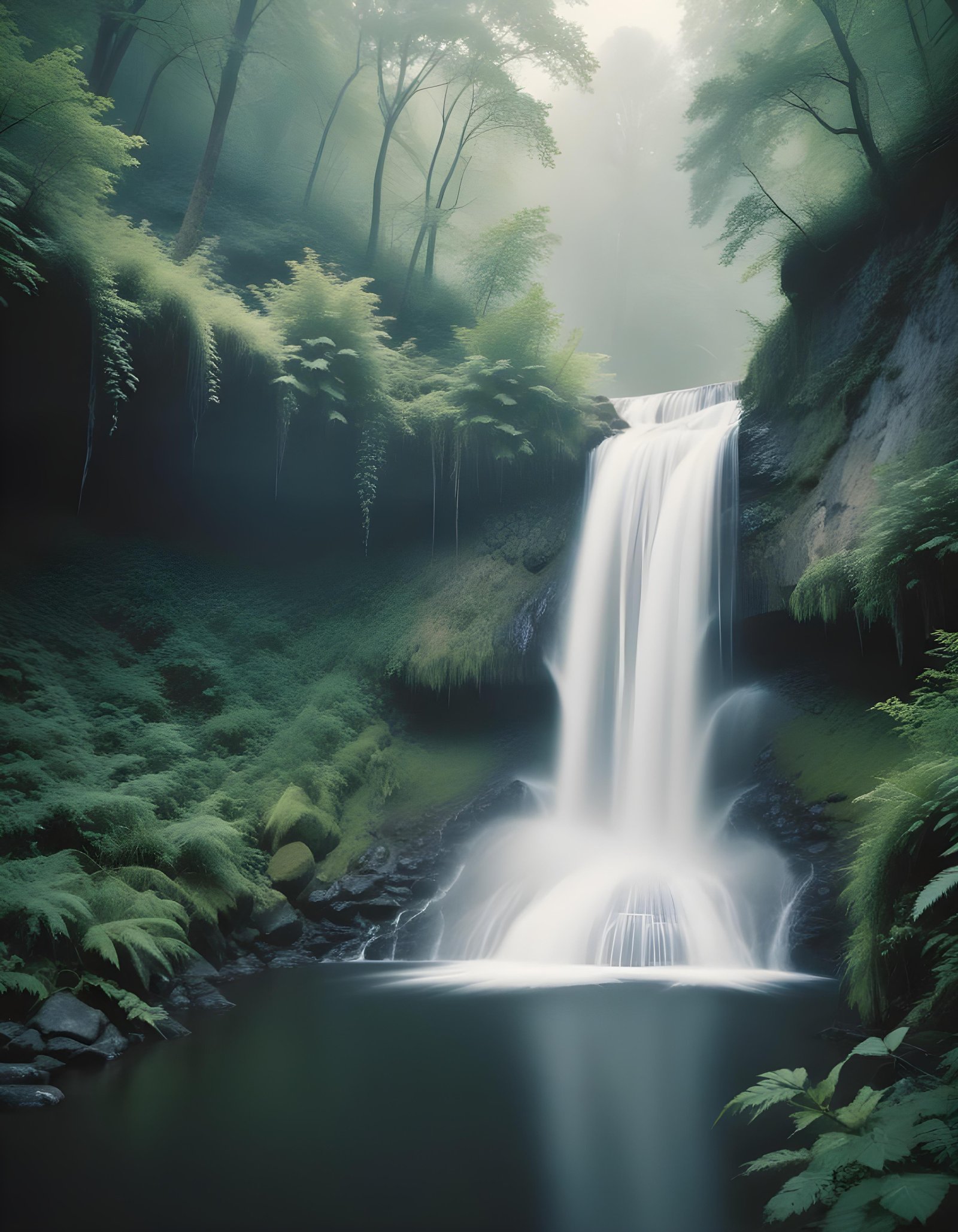 Majestic Waterfall Landscape with Lush Forest and Crystal Clear Water