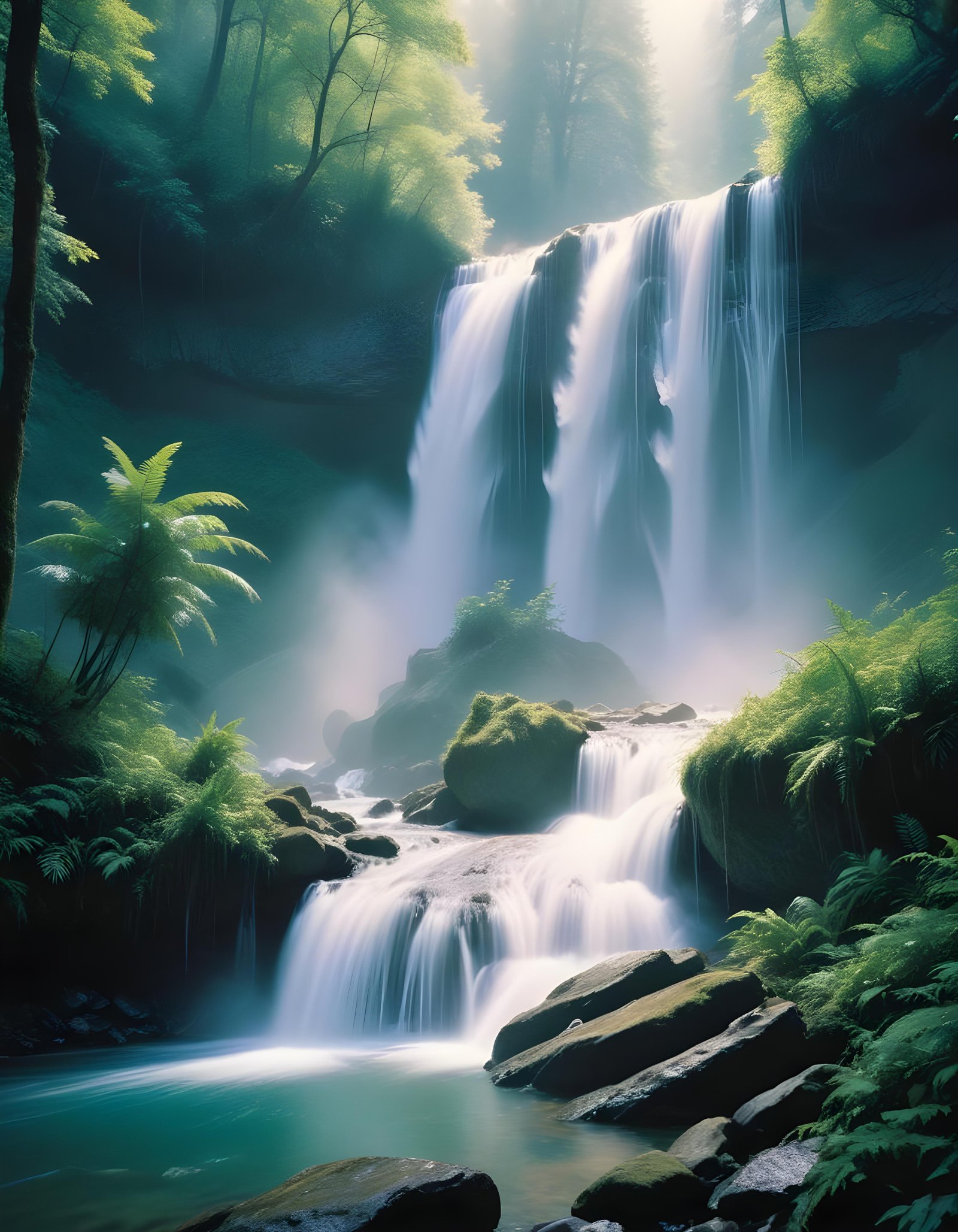 Majestic Waterfall Landscape with Lush Forest and Crystal Clear Water