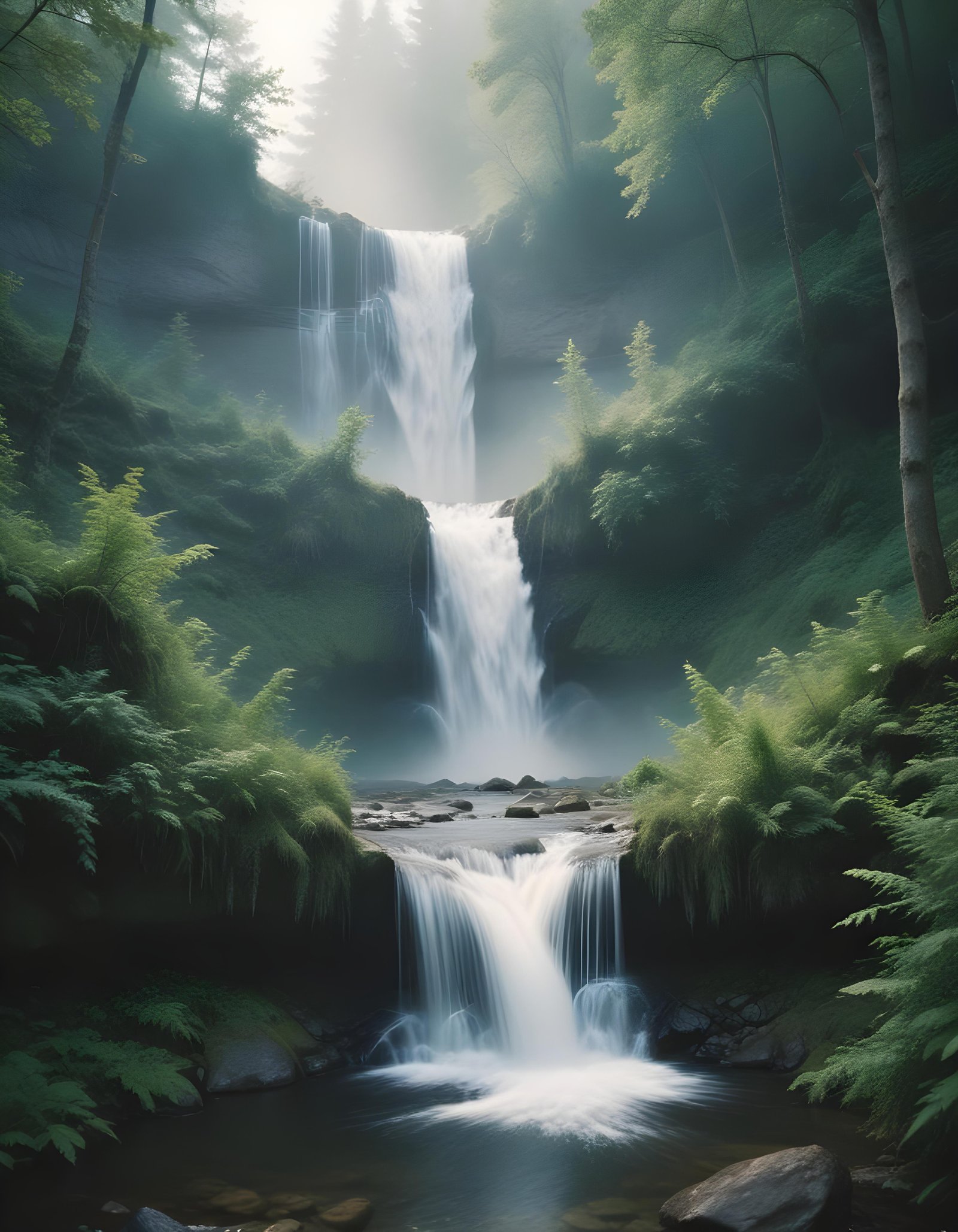 Majestic Waterfall Landscape with Lush Forest and Crystal Clear Water