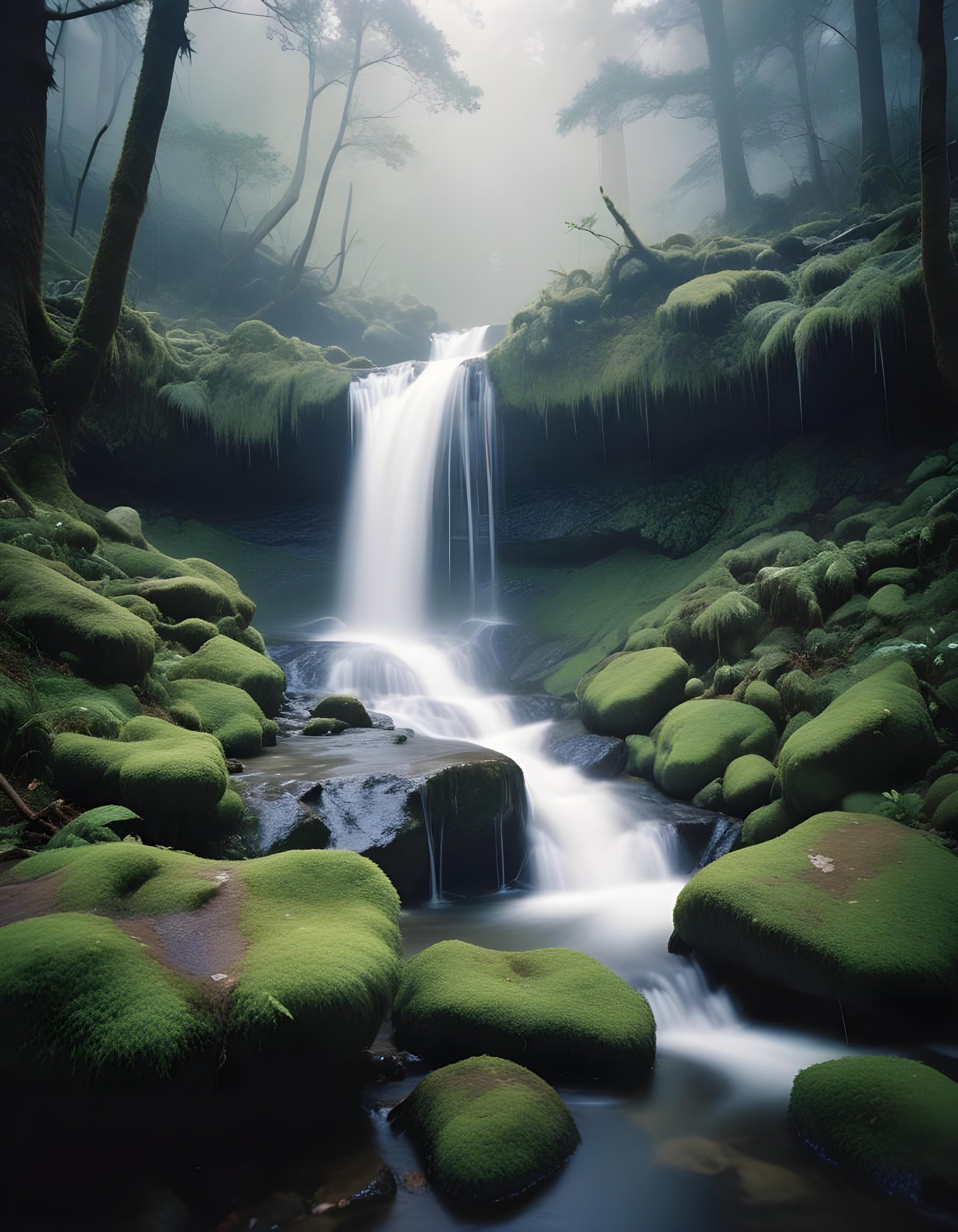Majestic Waterfall Landscape with Lush Forest and Crystal Clear Water