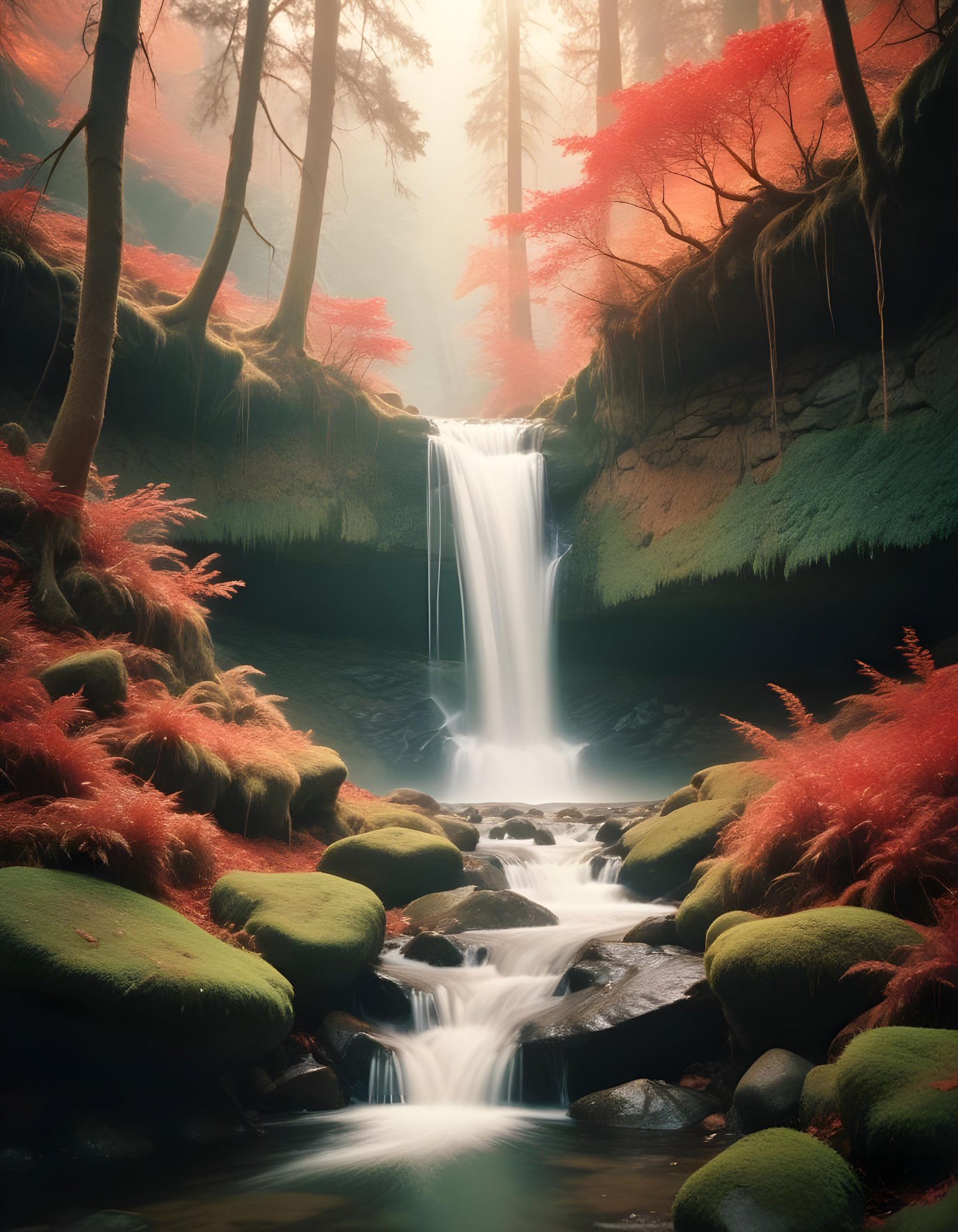 Majestic Waterfall Landscape with Lush Forest and Crystal Clear Water