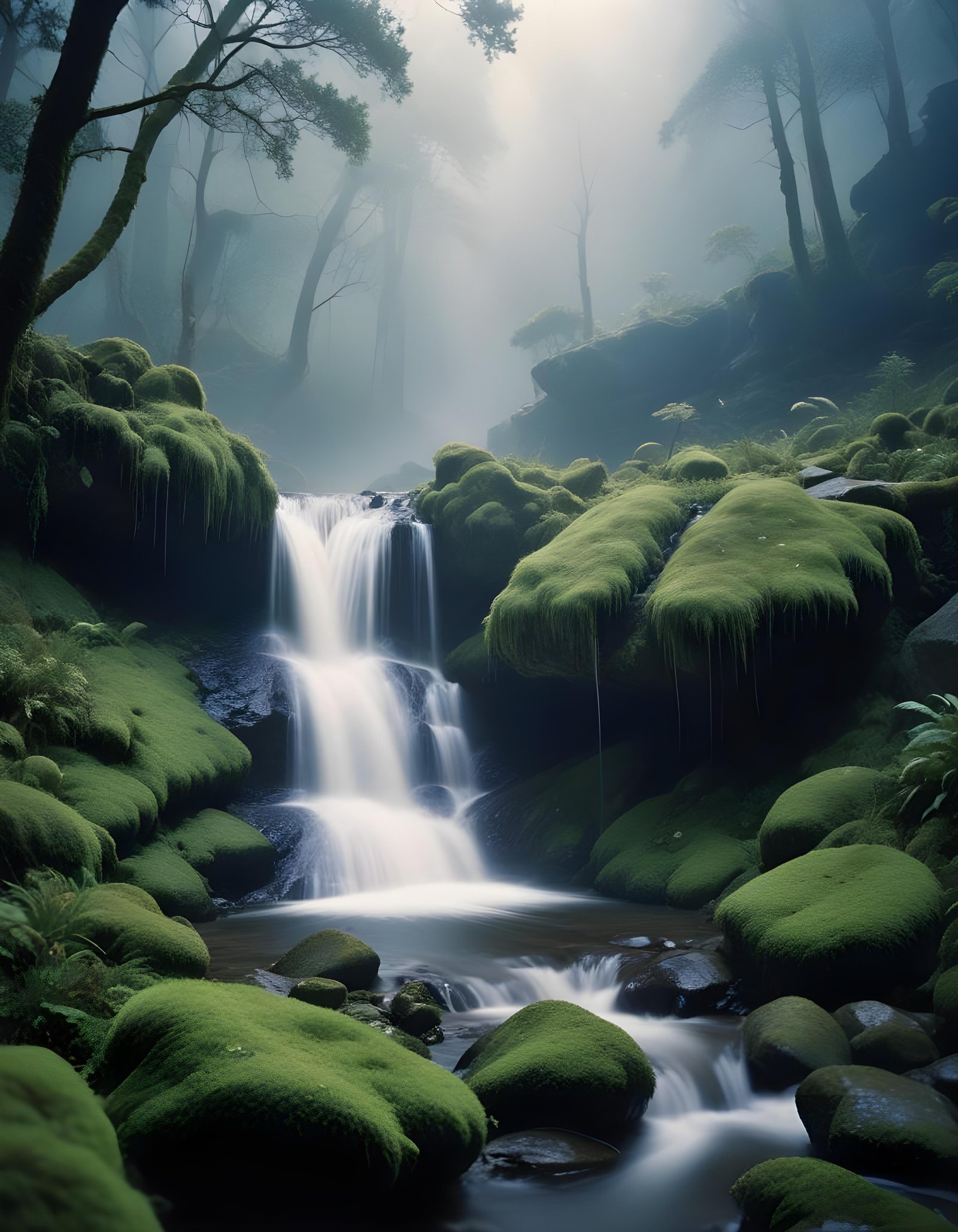 Majestic Waterfall Landscape with Lush Forest and Crystal Clear Water