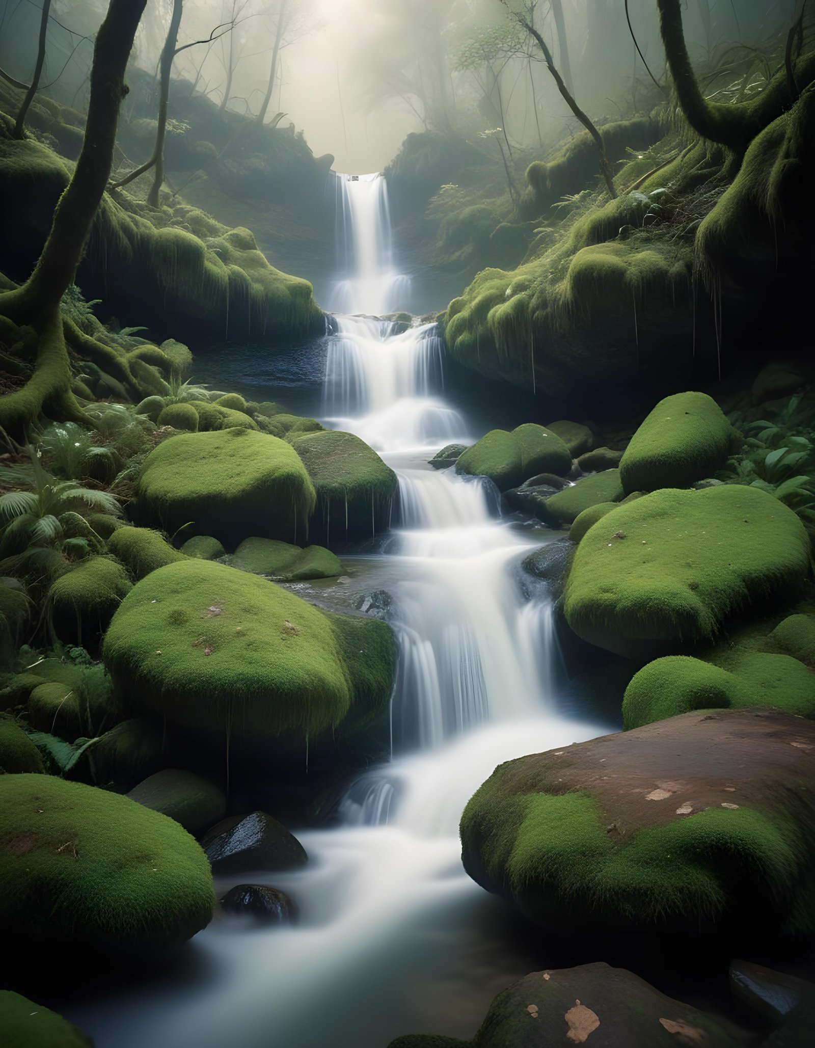 Majestic Waterfall Landscape with Lush Forest and Crystal Clear Water