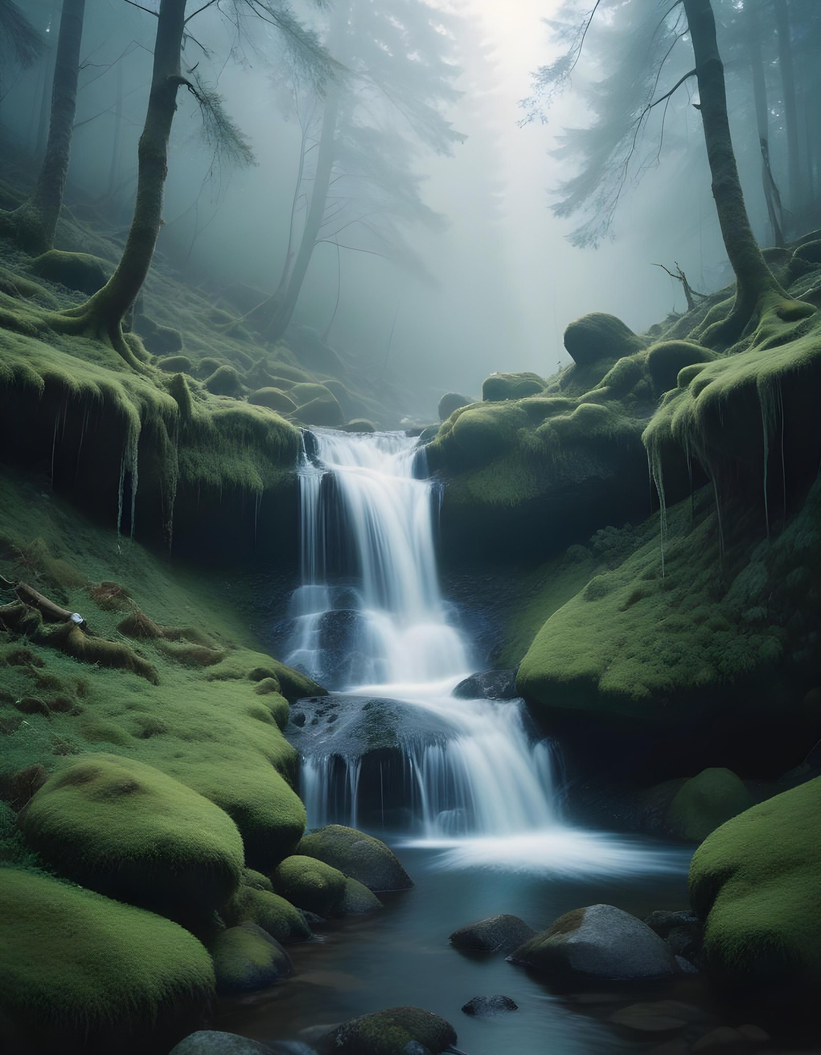 Majestic Waterfall Landscape with Lush Forest and Crystal Clear Water
