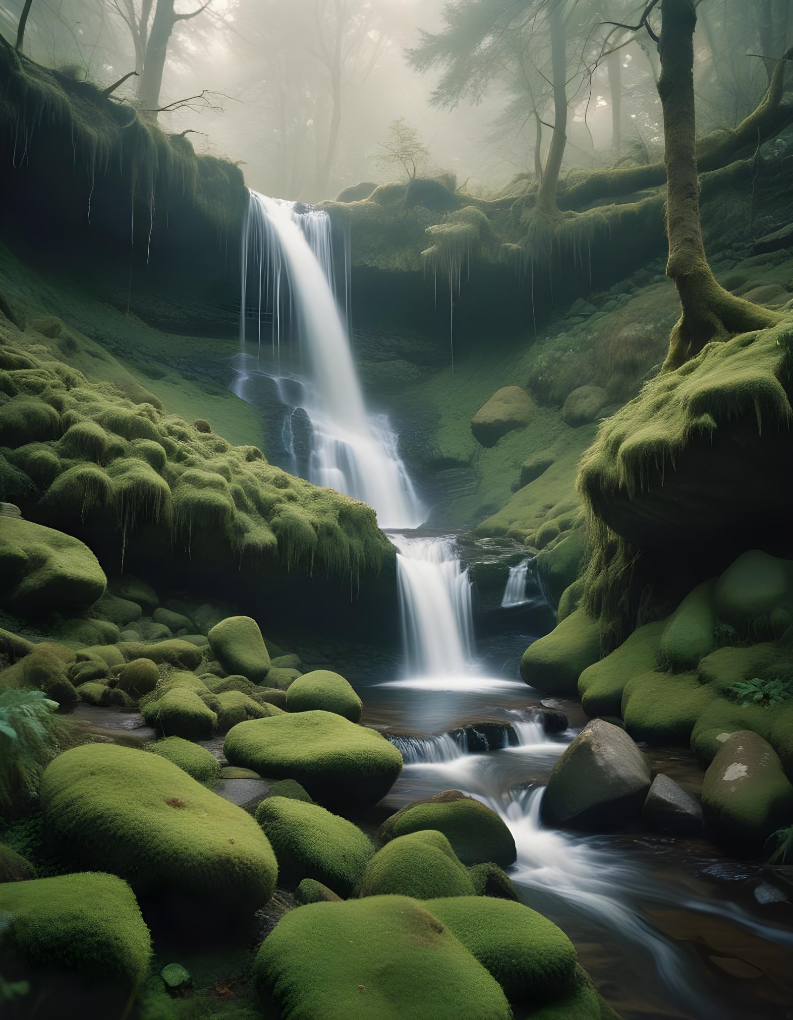 Majestic Waterfall Landscape with Lush Forest and Crystal Clear Water