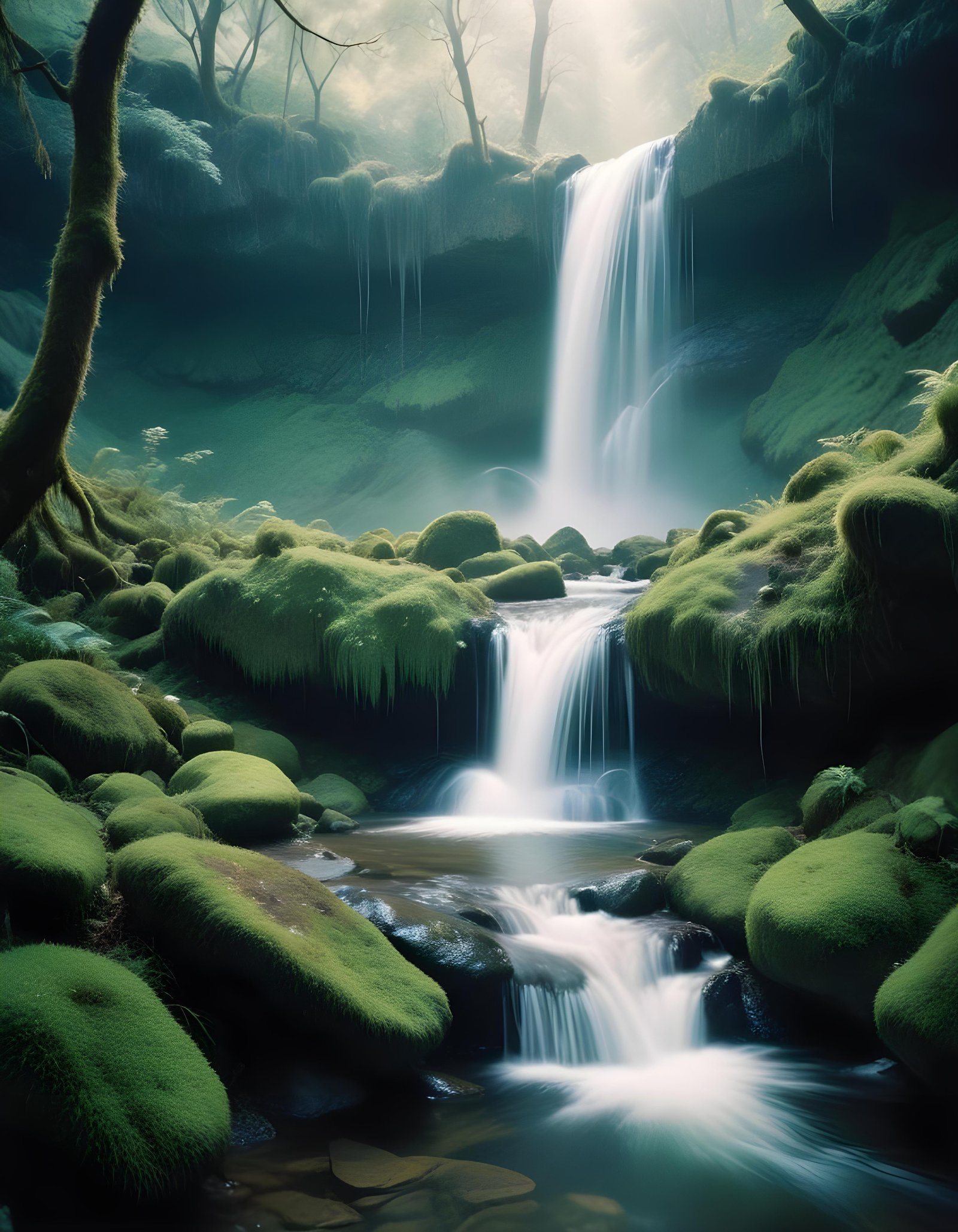 Majestic Waterfall Landscape with Lush Forest and Crystal Clear Water