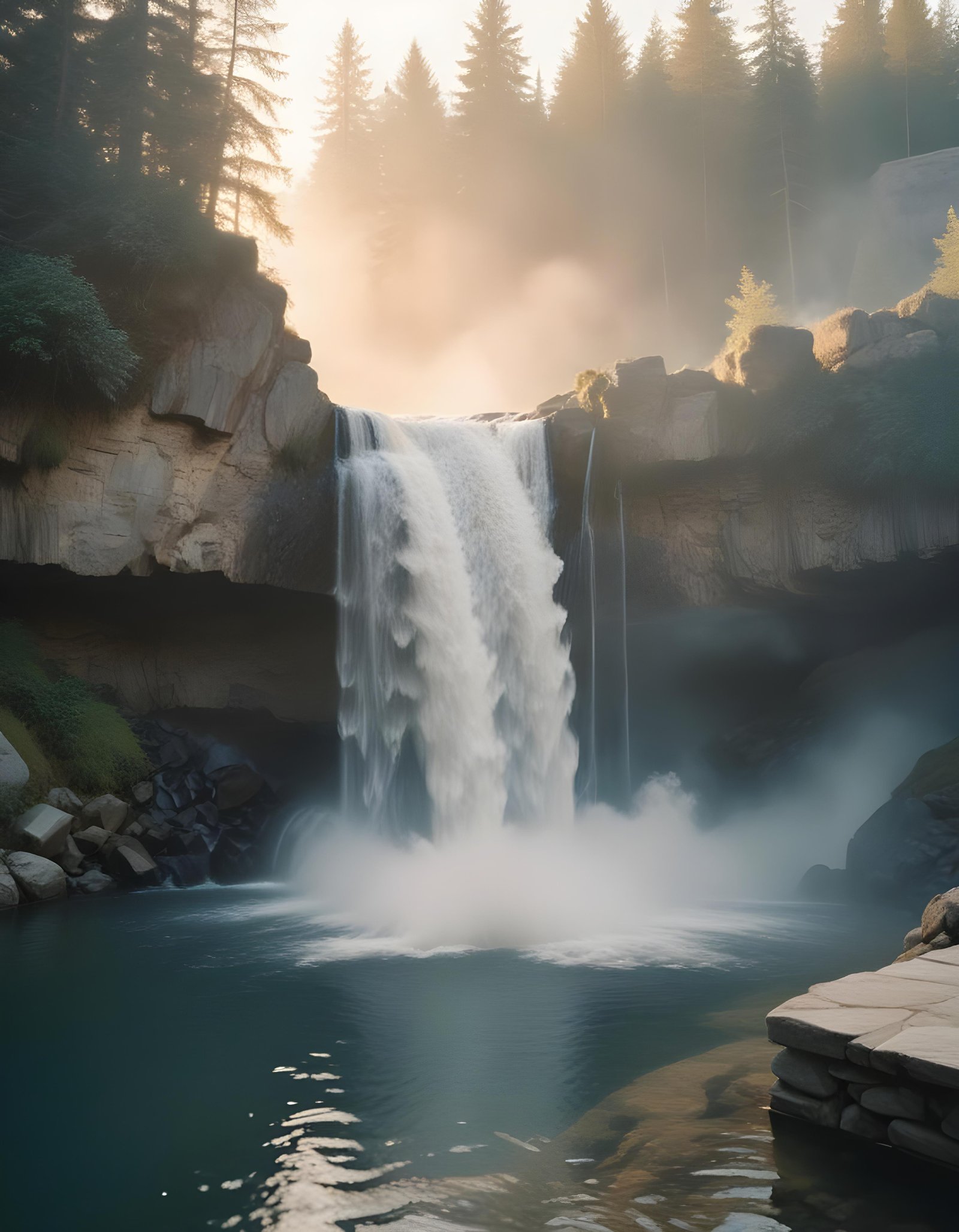 Majestic Waterfall Landscape with Lush Forest and Crystal Clear Water