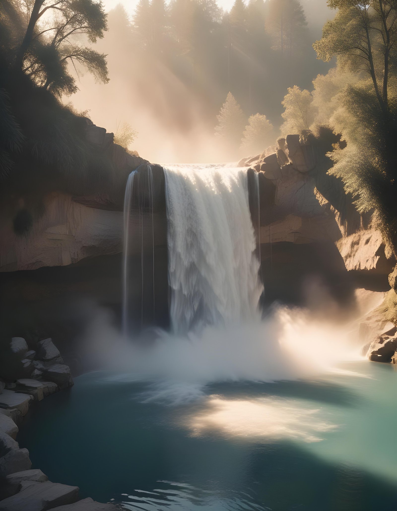 Majestic Waterfall Landscape with Lush Forest and Crystal Clear Water