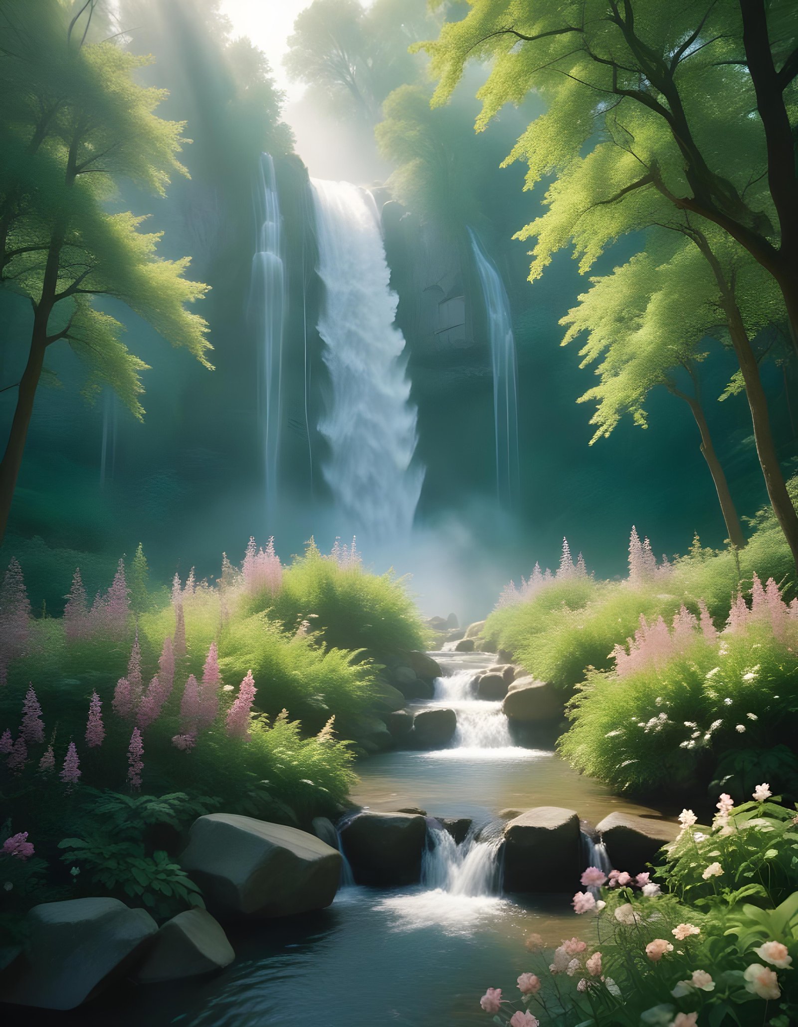 Majestic Waterfall Landscape with Lush Forest and Crystal Clear Water