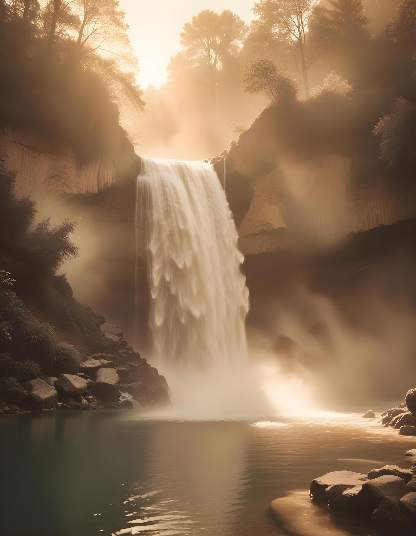 Majestic Waterfall Landscape with Lush Forest and Crystal Clear Water