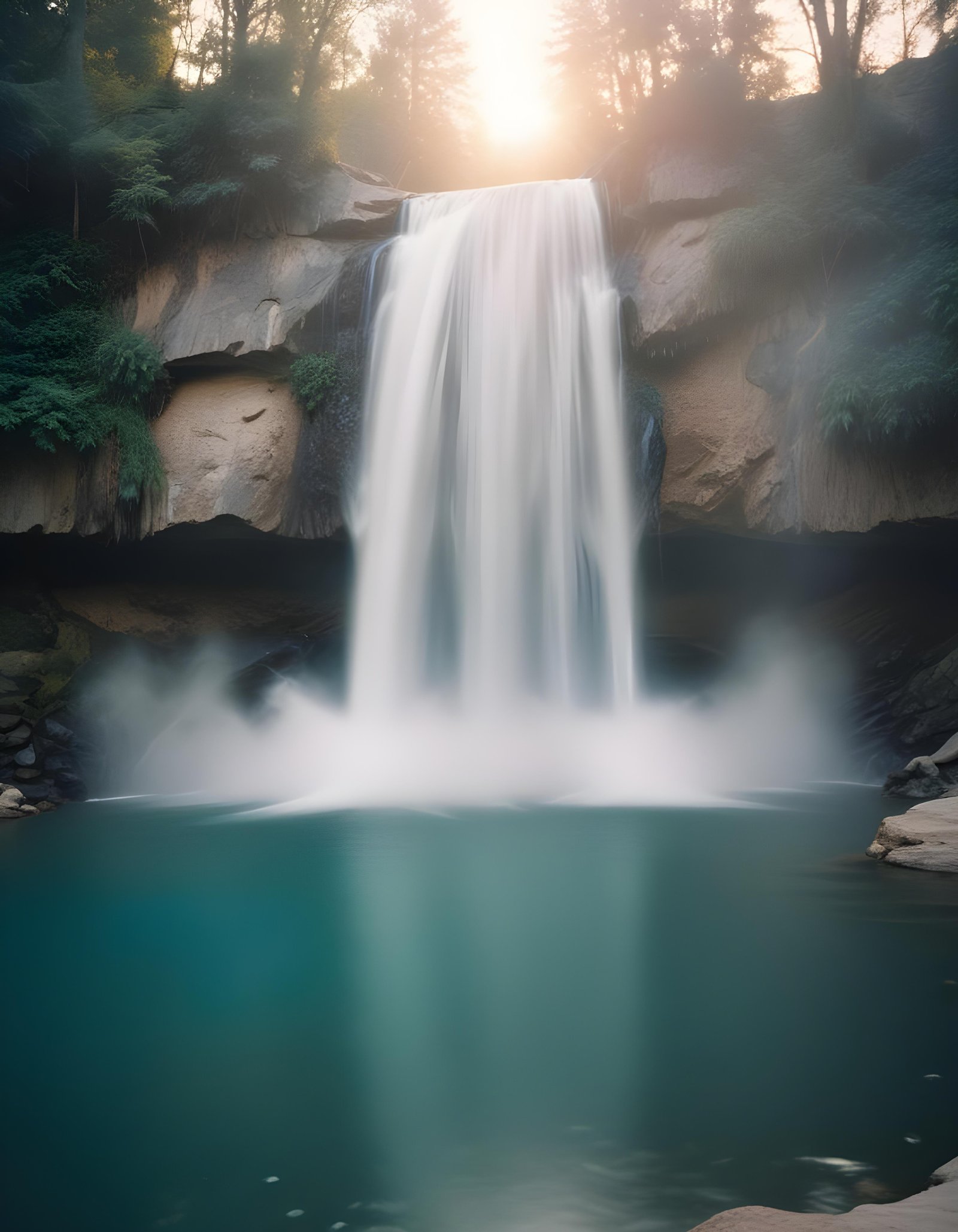 Majestic Waterfall Landscape with Lush Forest and Crystal Clear Water