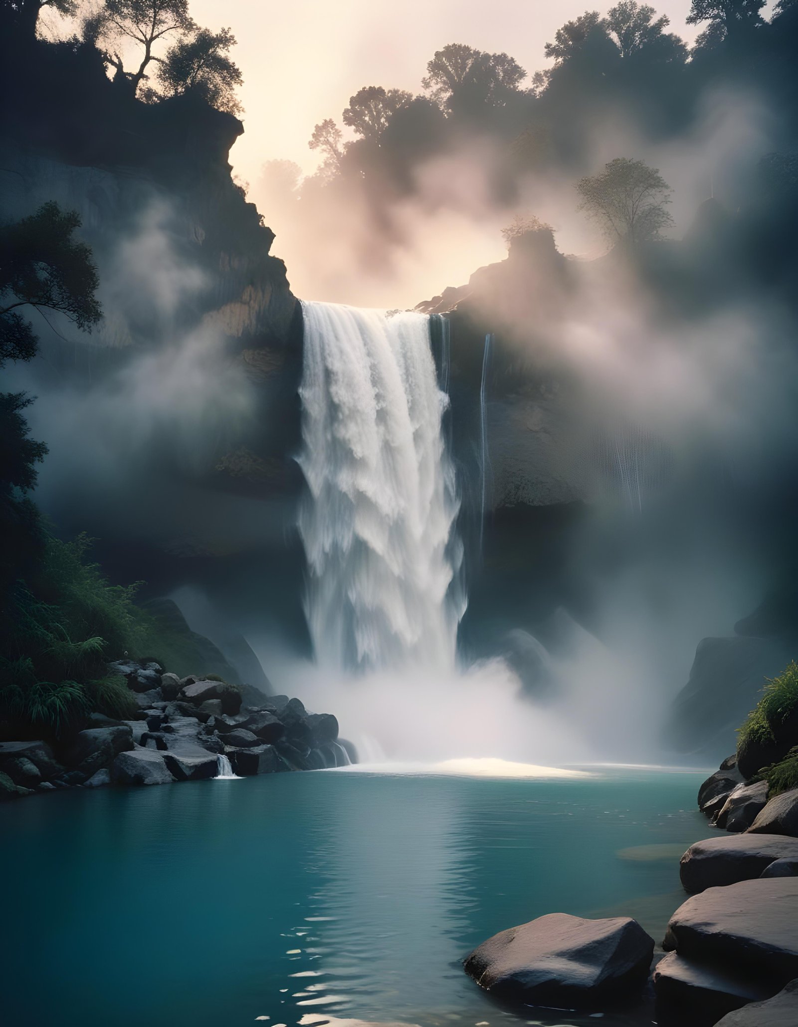Majestic Waterfall Landscape with Lush Forest and Crystal Clear Water