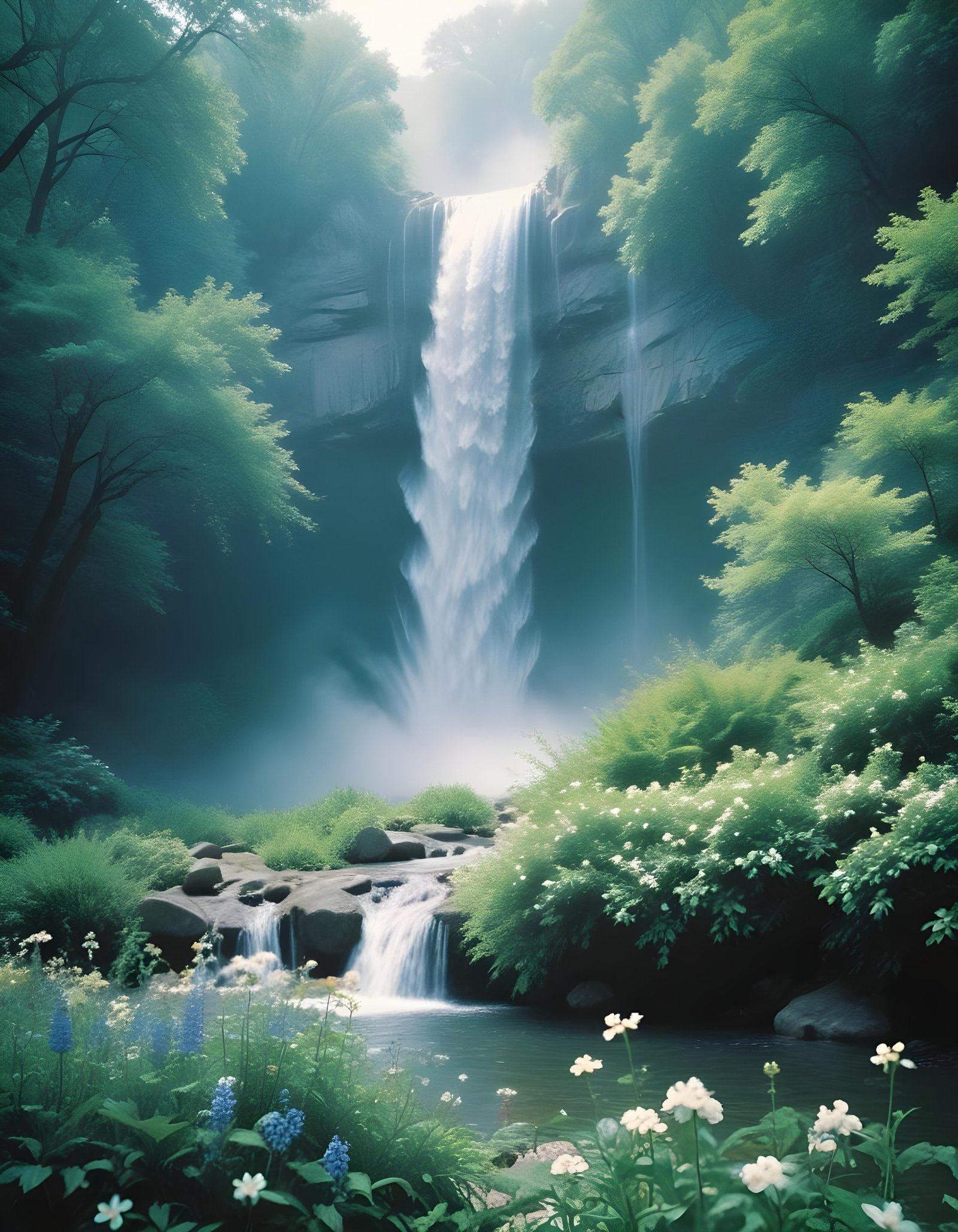 Majestic Waterfall Landscape with Lush Forest and Crystal Clear Water