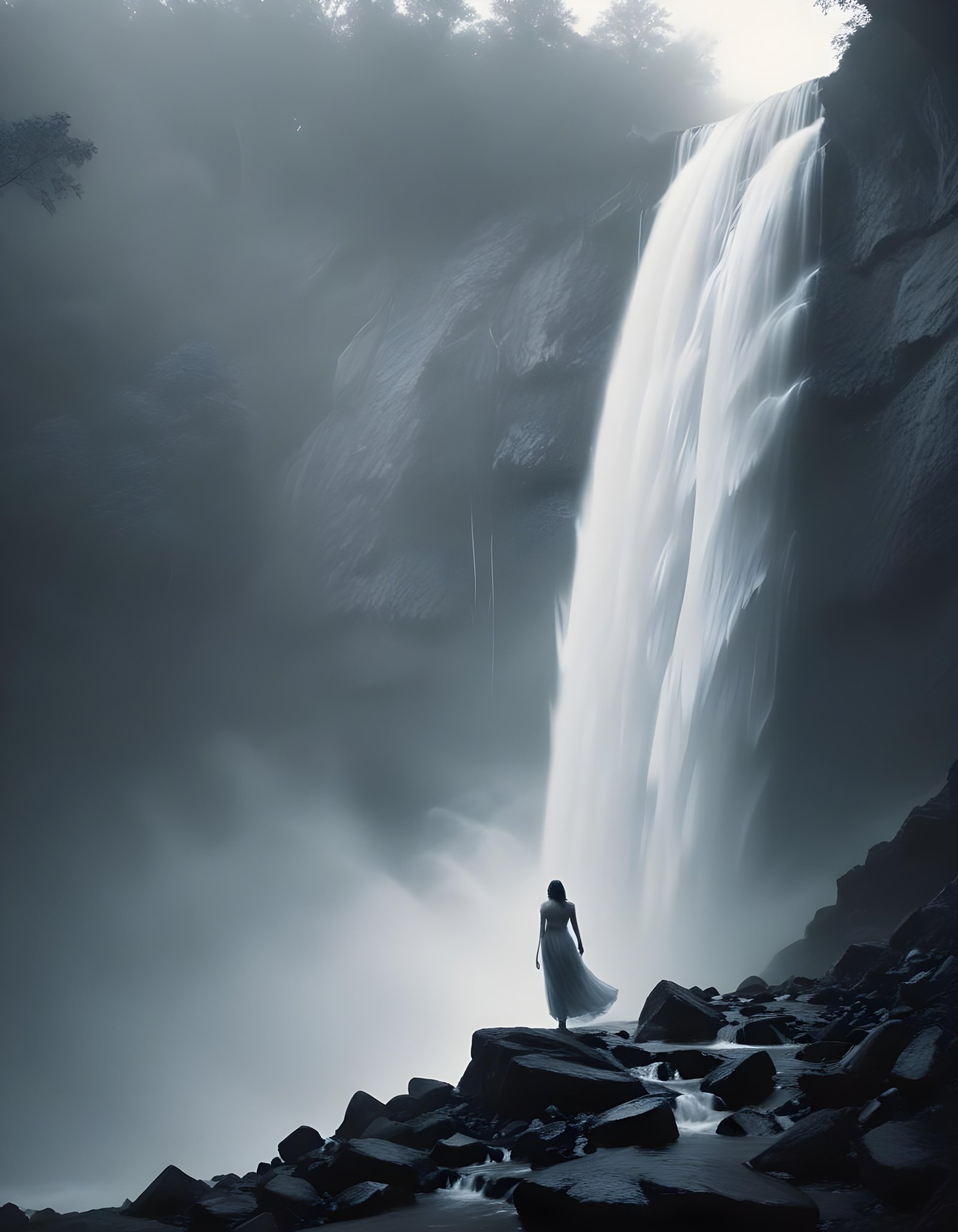 Majestic Waterfall Landscape with Lush Forest and Crystal Clear Water