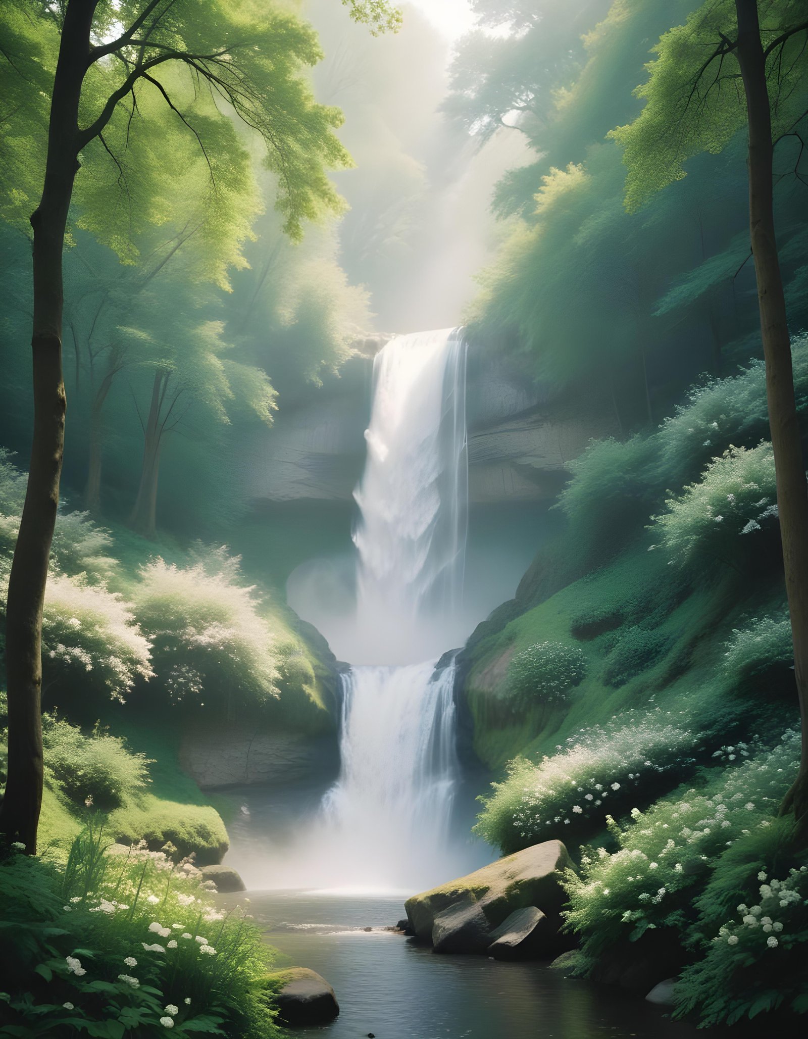 Majestic Waterfall Landscape with Lush Forest and Crystal Clear Water