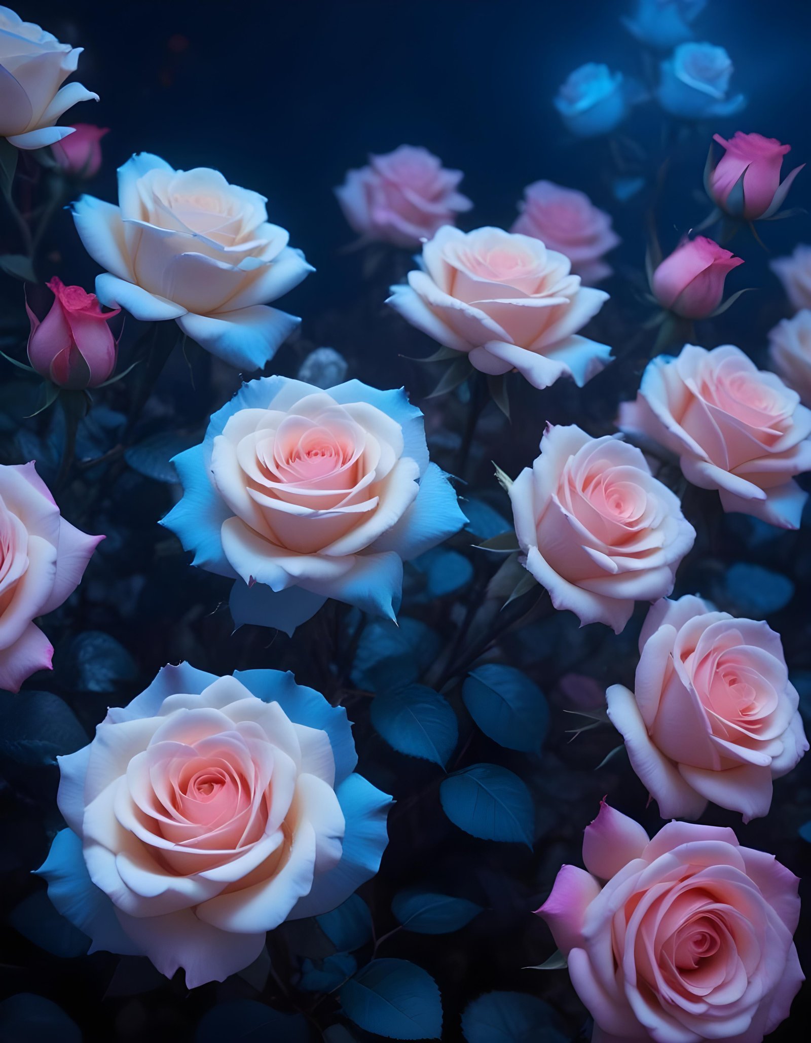 Moonlit Rose Garden Fantasy Landscape with Blooming Flowers and Night Sky
