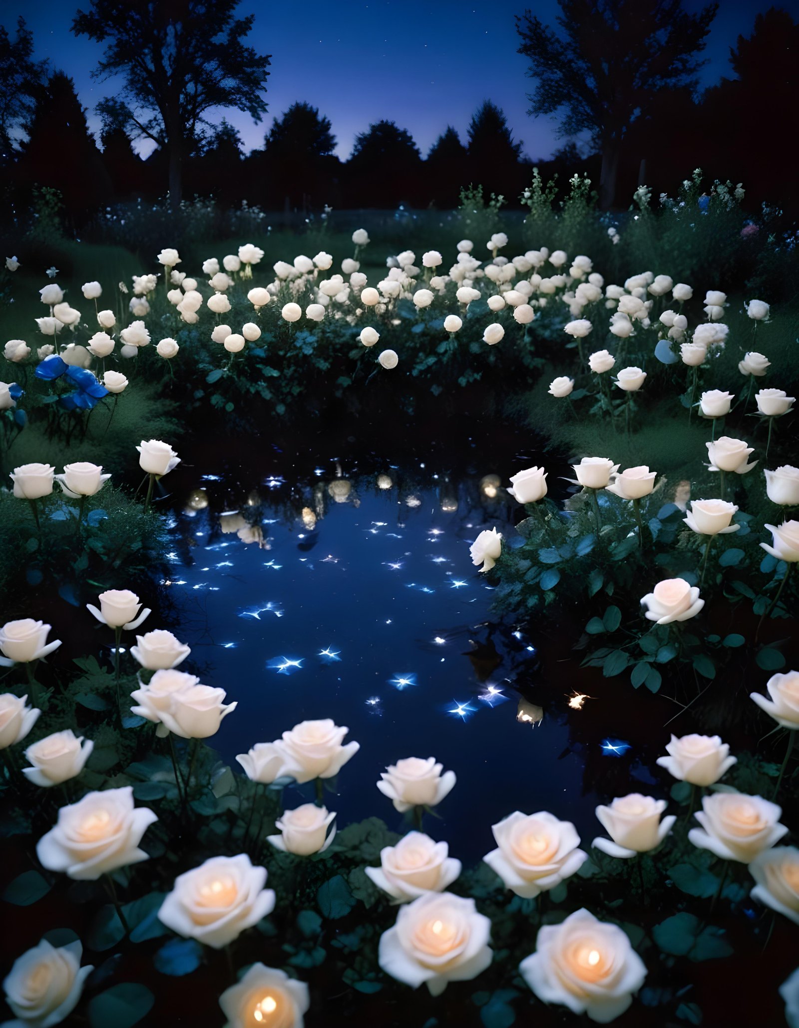 Moonlit Rose Garden Fantasy Landscape with Blooming Flowers and Night Sky