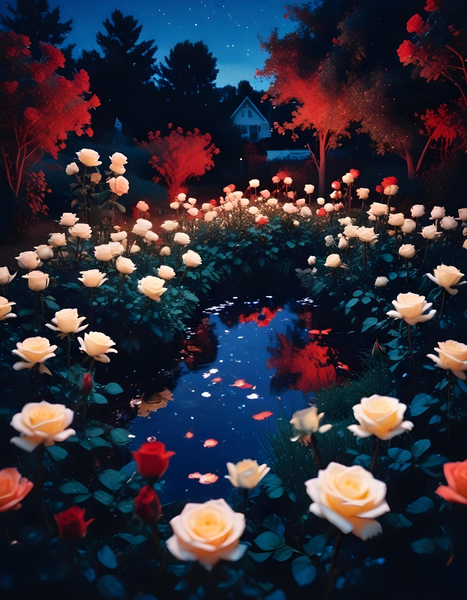 Moonlit Rose Garden Fantasy Landscape with Blooming Flowers and Night Sky