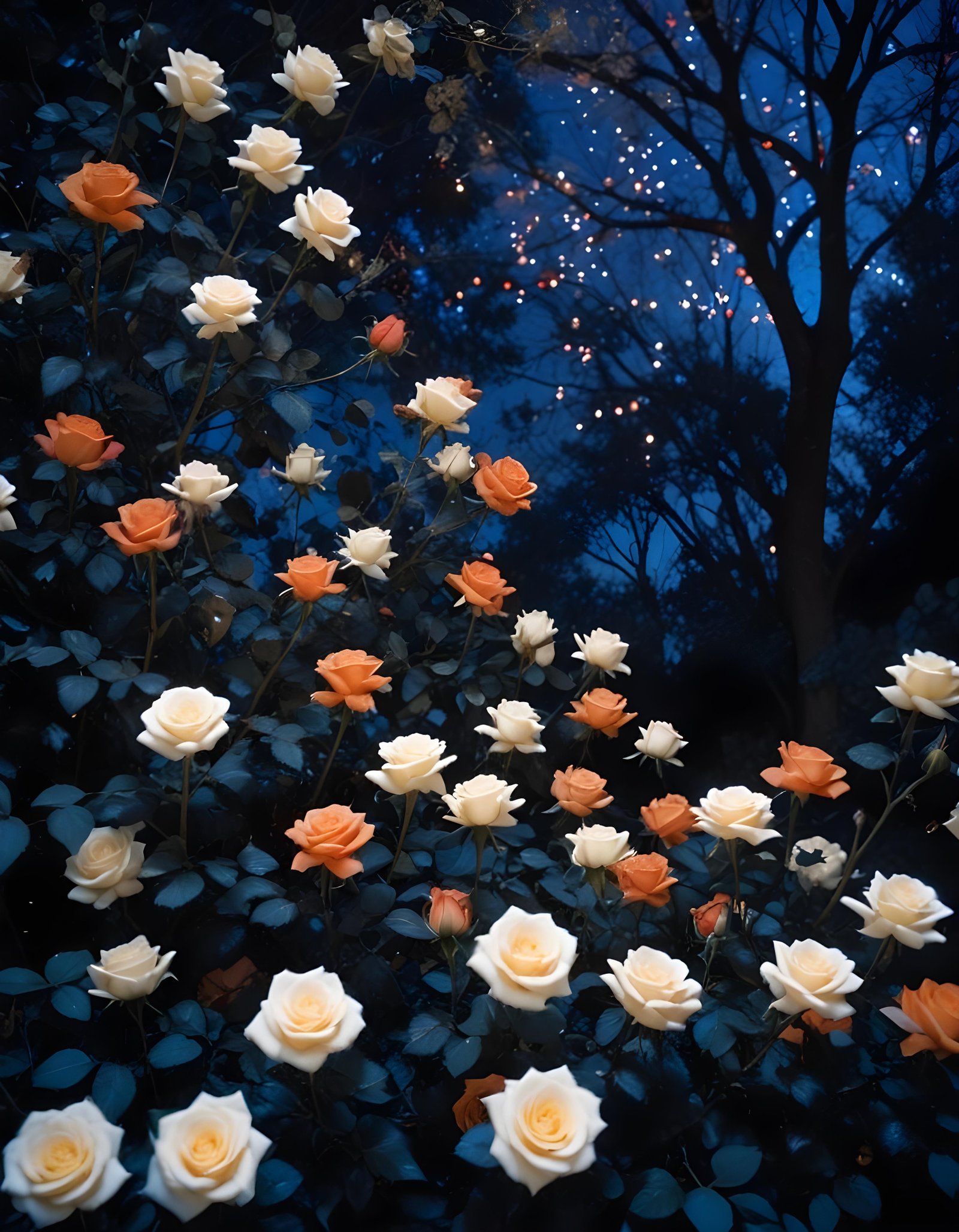 Moonlit Rose Garden Fantasy Landscape with Blooming Flowers and Night Sky