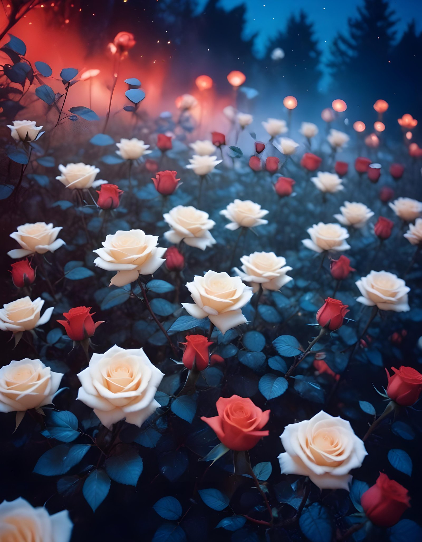Moonlit Rose Garden Fantasy Landscape with Blooming Flowers and Night Sky