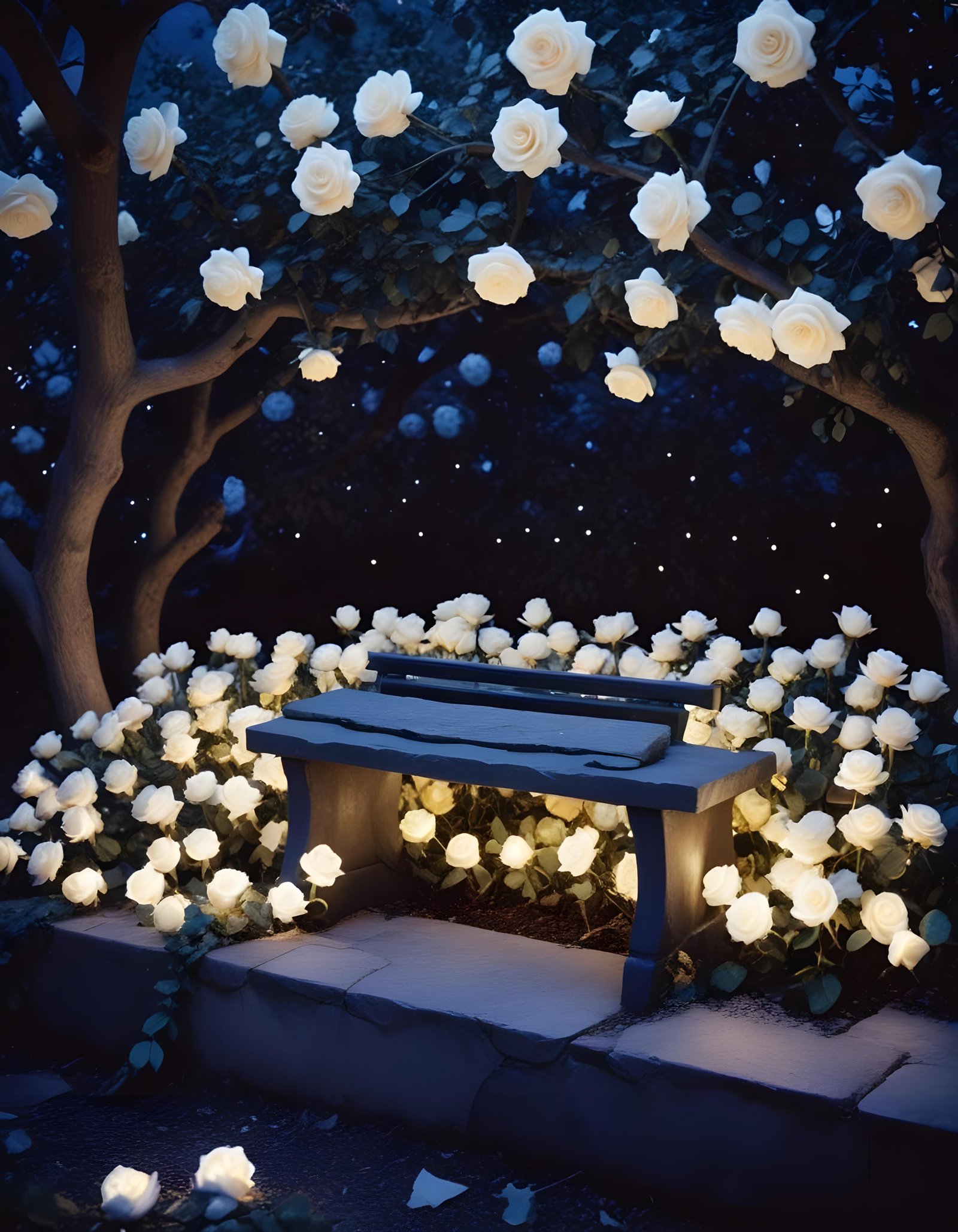 Moonlit Rose Garden Fantasy Landscape with Blooming Flowers and Night Sky