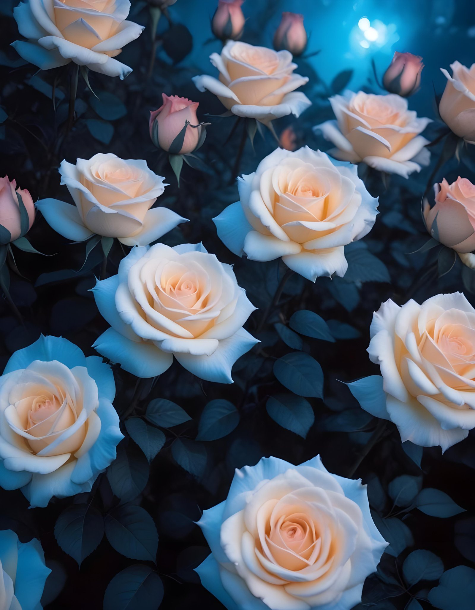 Moonlit Rose Garden Fantasy Landscape with Blooming Flowers and Night Sky