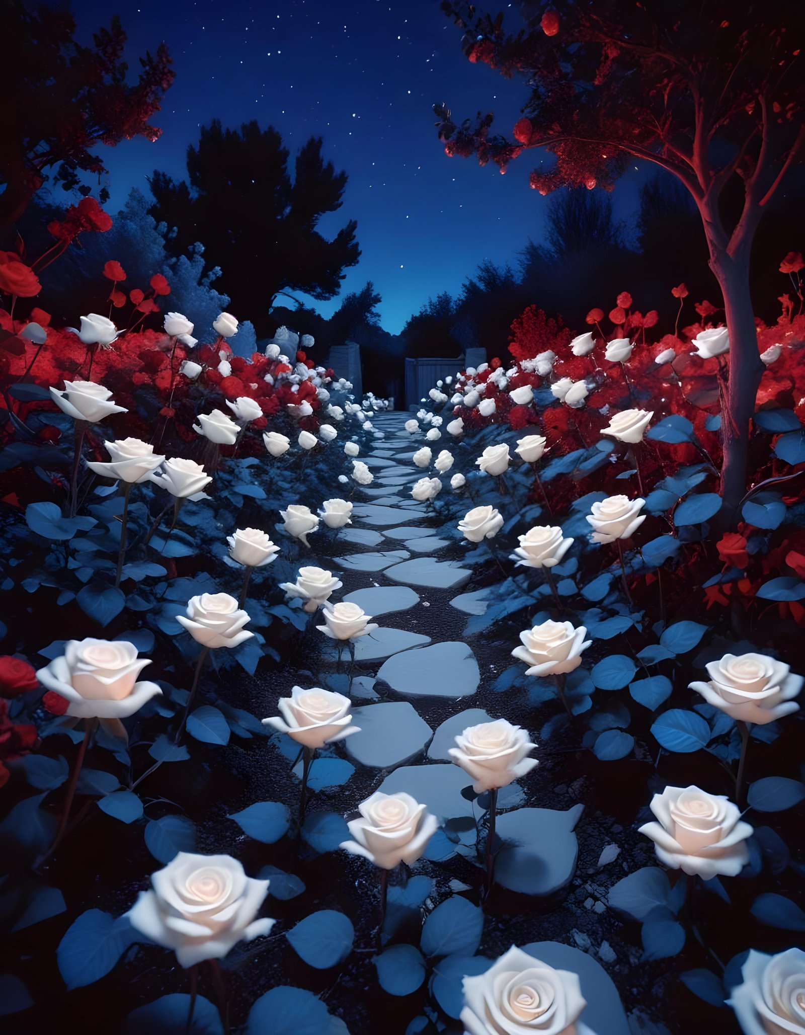 Moonlit Rose Garden Fantasy Landscape with Blooming Flowers and Night Sky