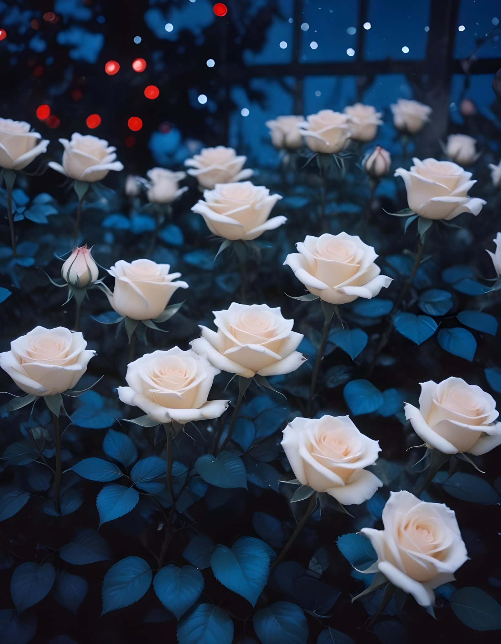 Moonlit Rose Garden Fantasy Landscape with Blooming Flowers and Night Sky