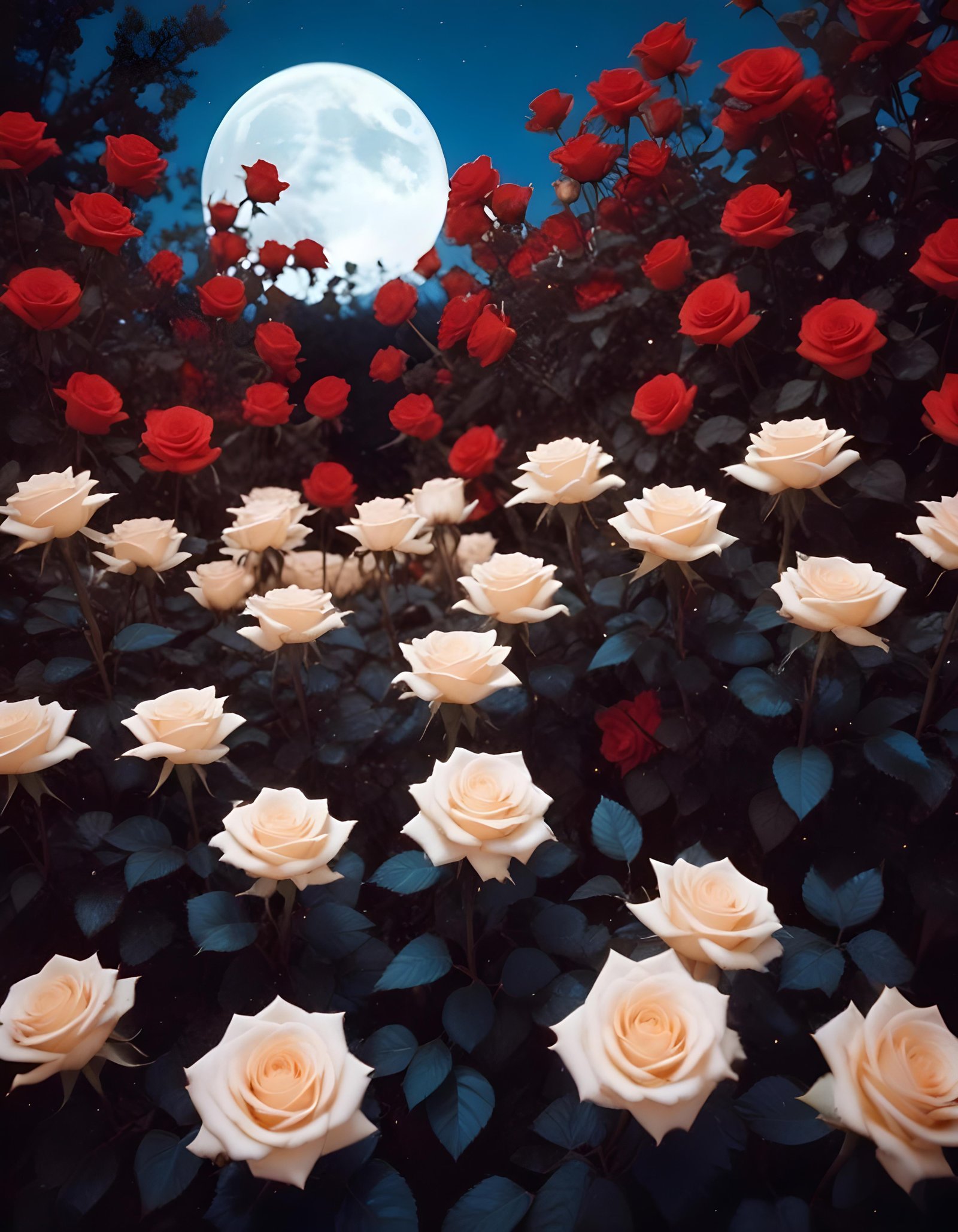 Moonlit Rose Garden Fantasy Landscape with Blooming Flowers and Night Sky