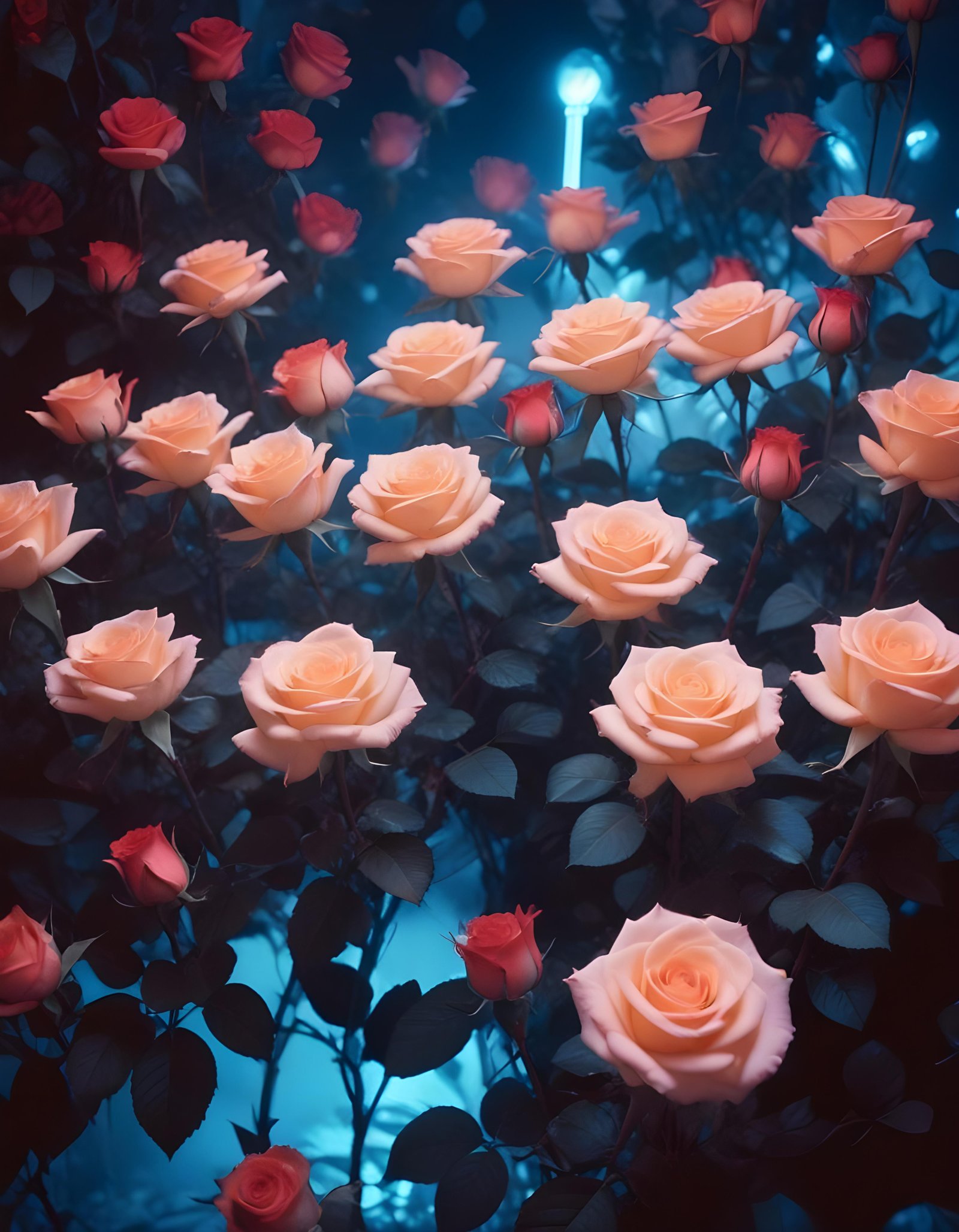 Moonlit Rose Garden Fantasy Landscape with Blooming Flowers and Night Sky