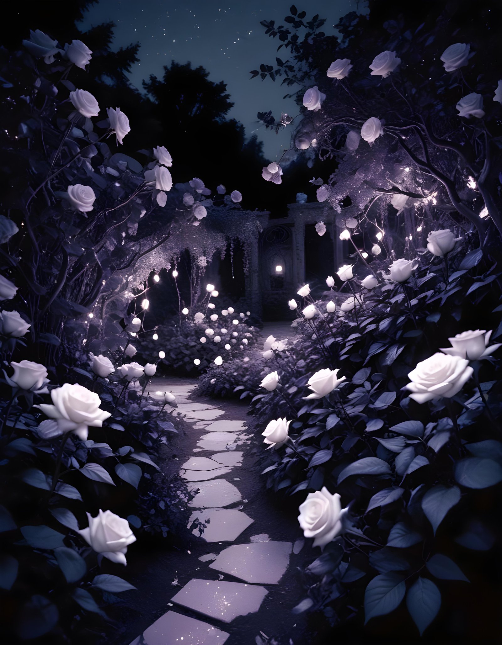 Moonlit Rose Garden Fantasy Landscape with Blooming Flowers and Night Sky