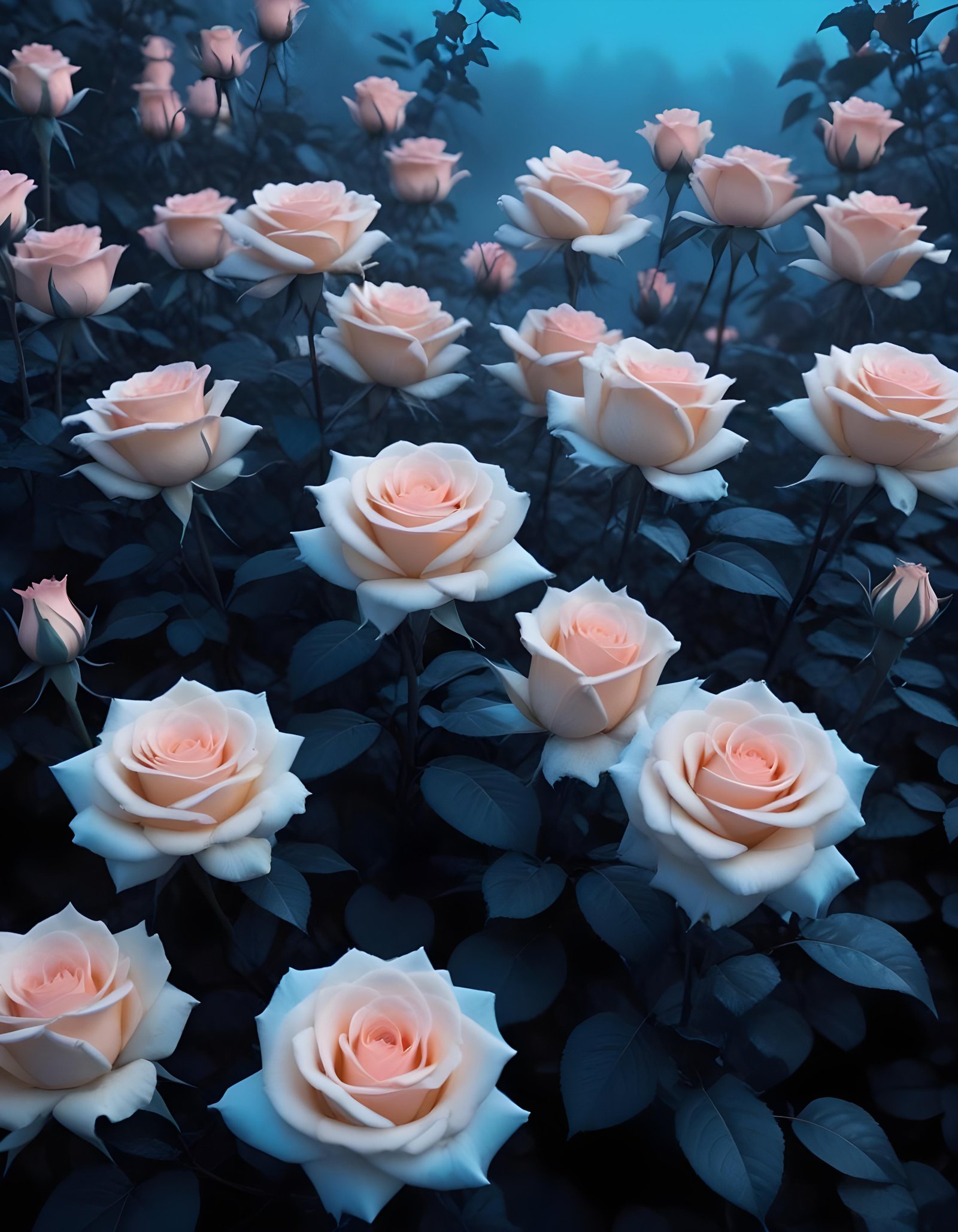 Moonlit Rose Garden Fantasy Landscape with Blooming Flowers and Night Sky