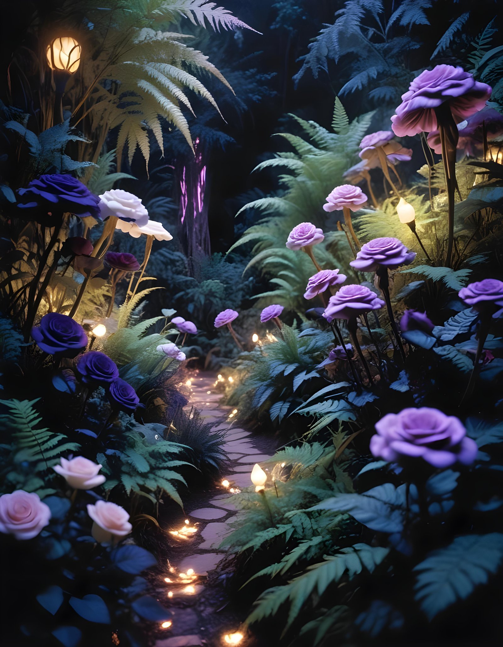 Moonlit Rose Garden Fantasy Landscape with Blooming Flowers and Night Sky