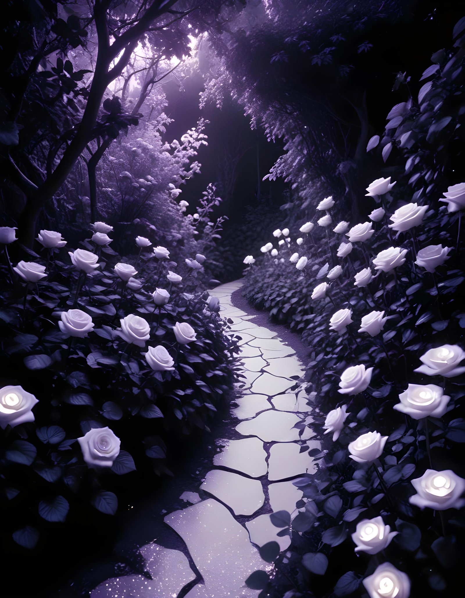 Moonlit Rose Garden Fantasy Landscape with Blooming Flowers and Night Sky