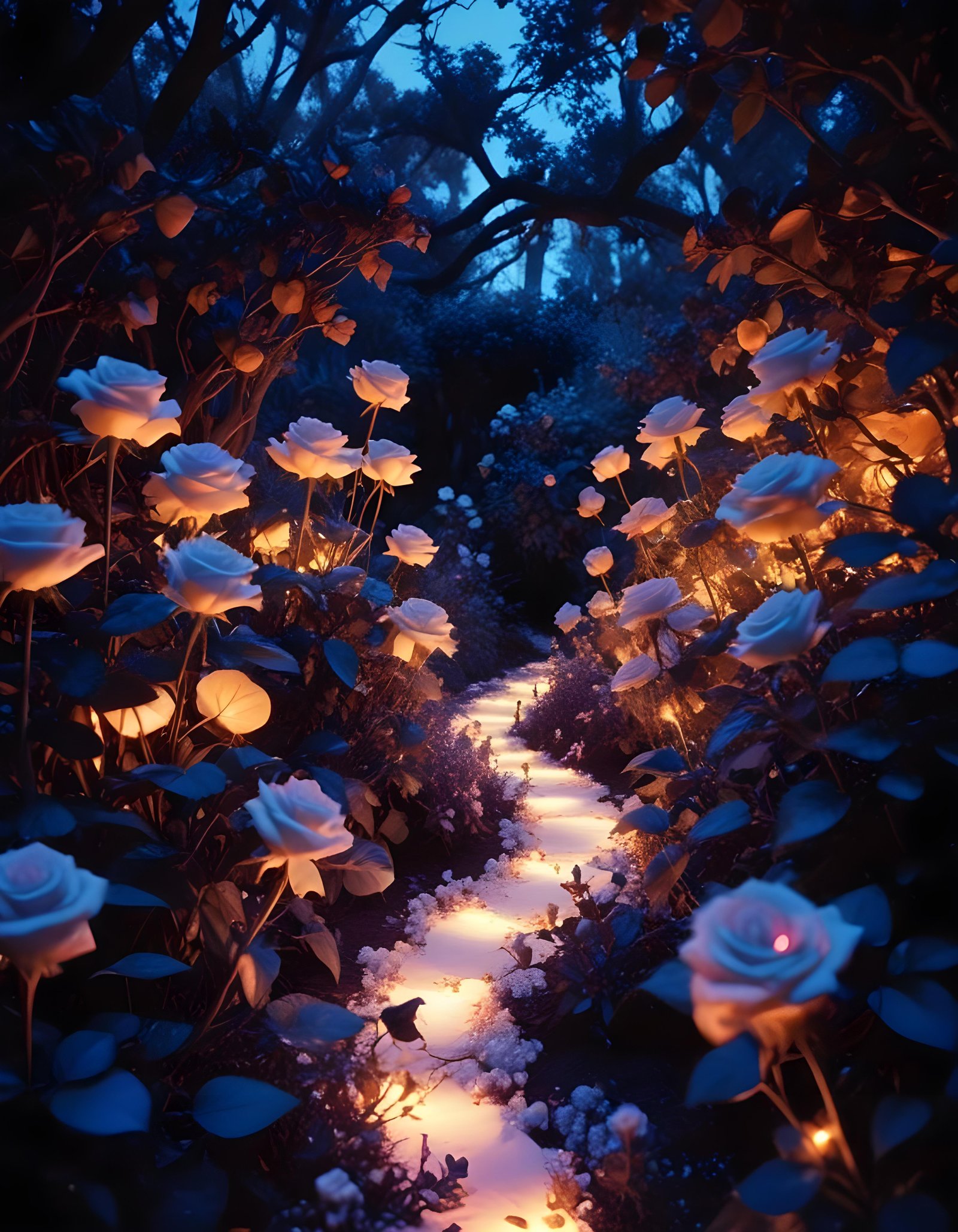 Moonlit Rose Garden Fantasy Landscape with Blooming Flowers and Night Sky